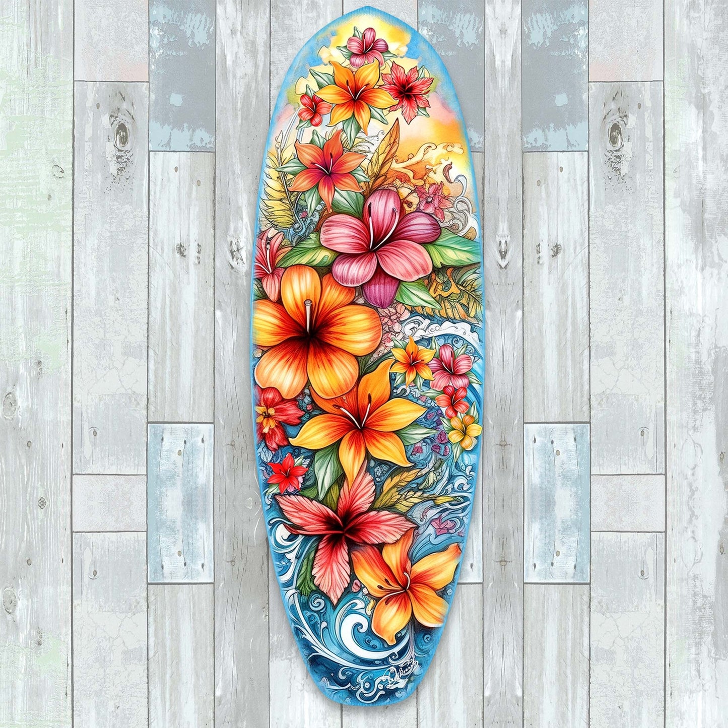 Tropical Flowers Surfboard Coastal Wall Art by G. DeBrekht - Coastal Holiday Decor - 8490113HS