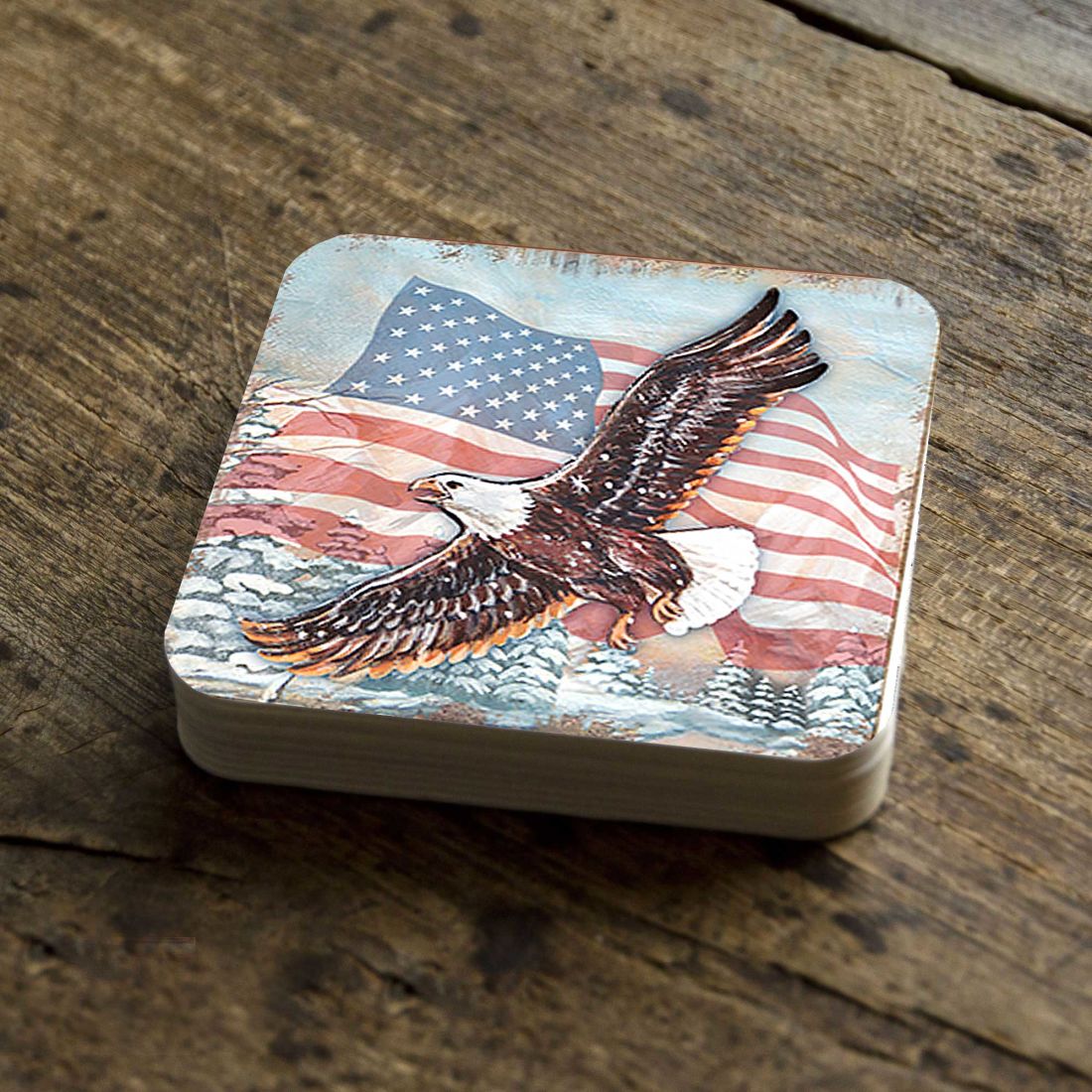 American Eagle Wooden Cork Coasters Gift Set of 4 by Nature Wonders - American Patriotic Decor - 95221C-S4