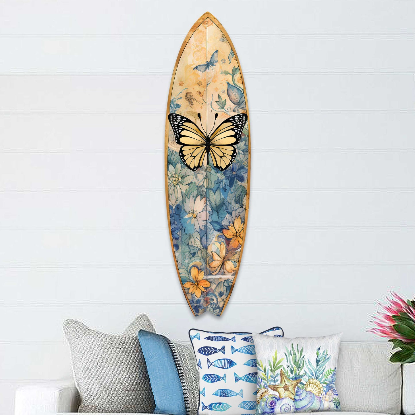 Yellow Monarch Butterfly Surfboard Coastal Wall Art by G. DeBrekht - Coastal Holiday Decor - 8490109HS