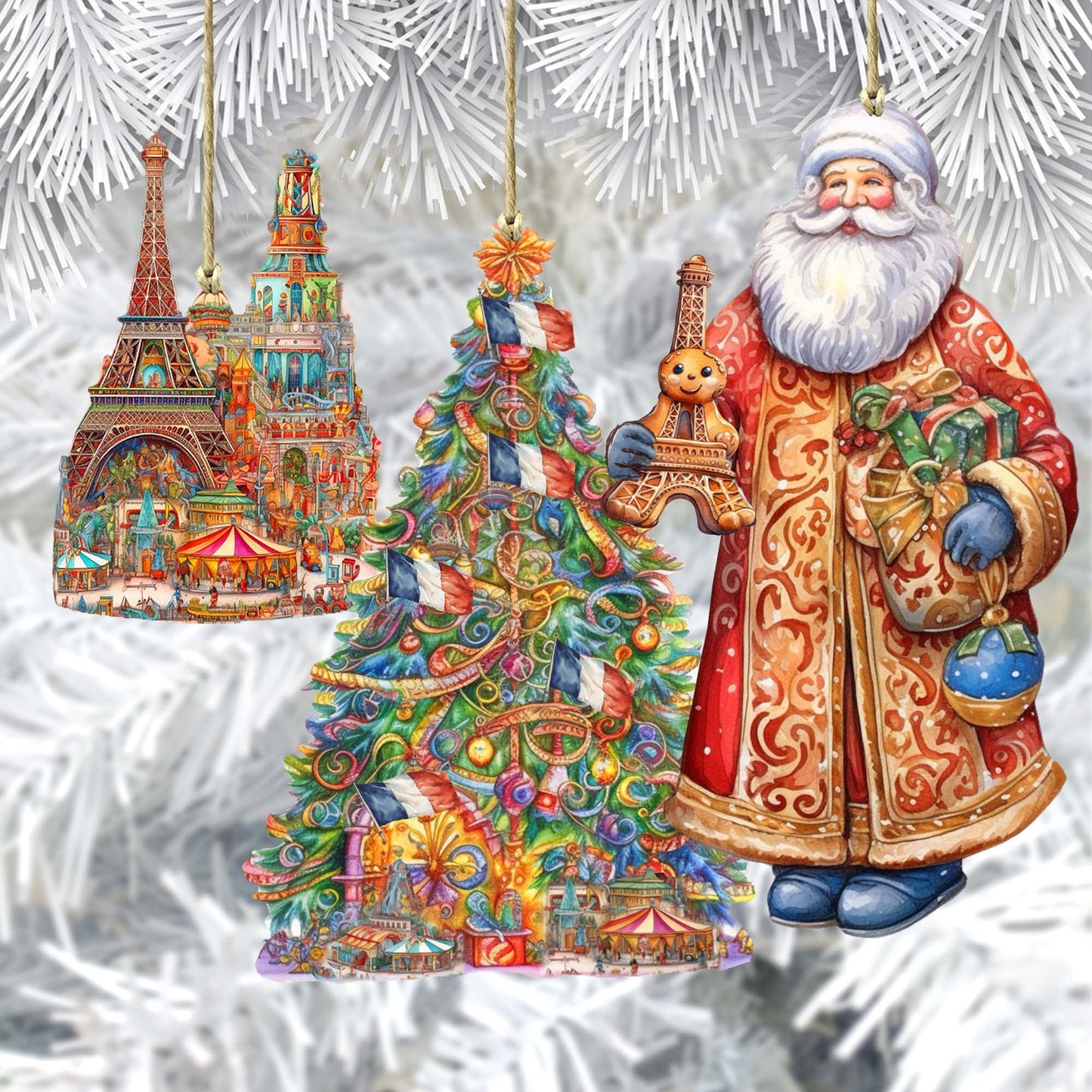 Santas Around the World - French Inspired Santa - Wooden Ornaments Set of 3 by G. DeBrekht Christmas Santa Snowman Decor - 8091303S3