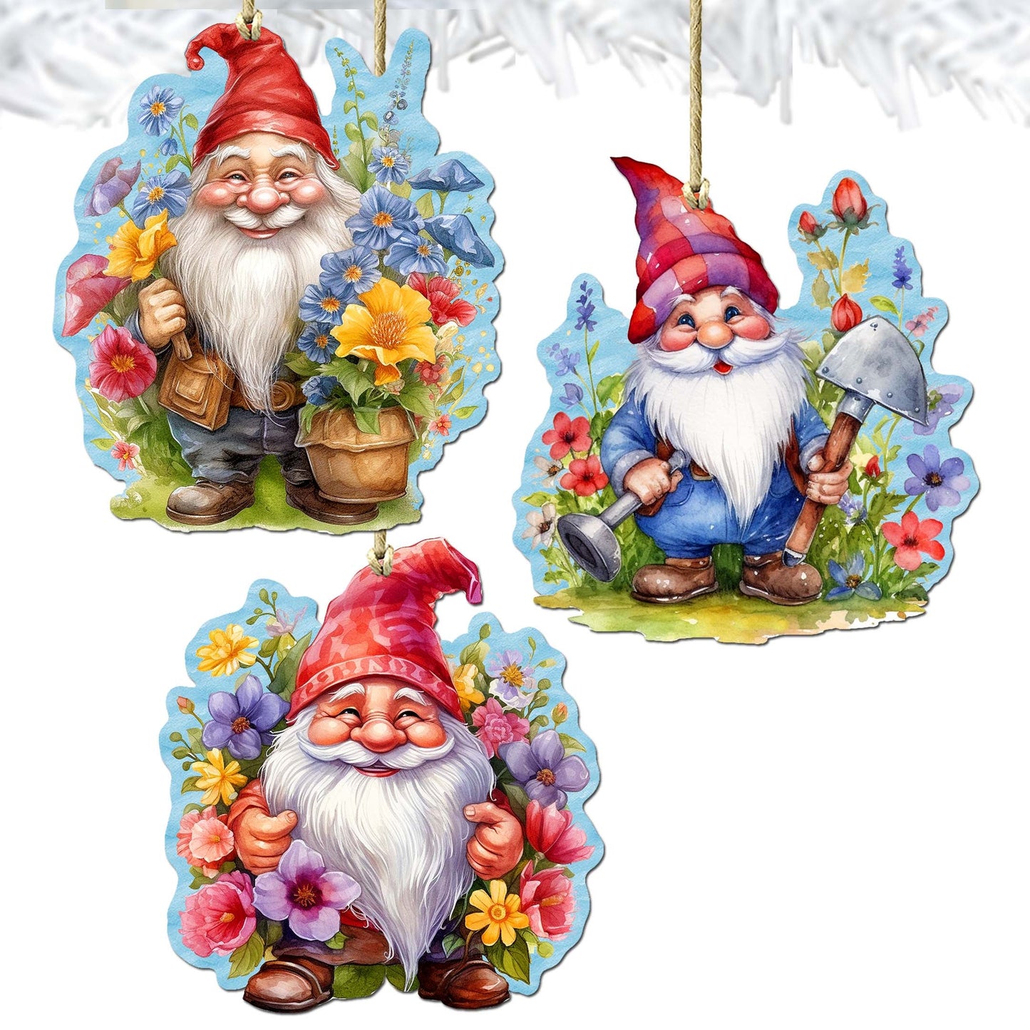 Garden Gnomes Decorative Wooden Ornaments Set of 3 by G. Debrekht - Spring Easter Decor - 8091030-S3