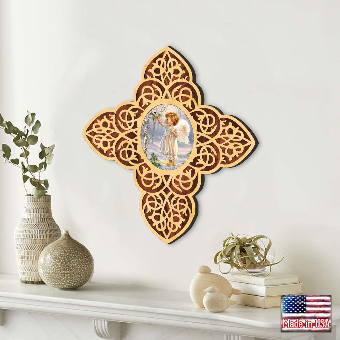 Angel Girl Filigree Wooden Cross by D. Gelsinger - Inspirational Icon Decor - 88482-DG