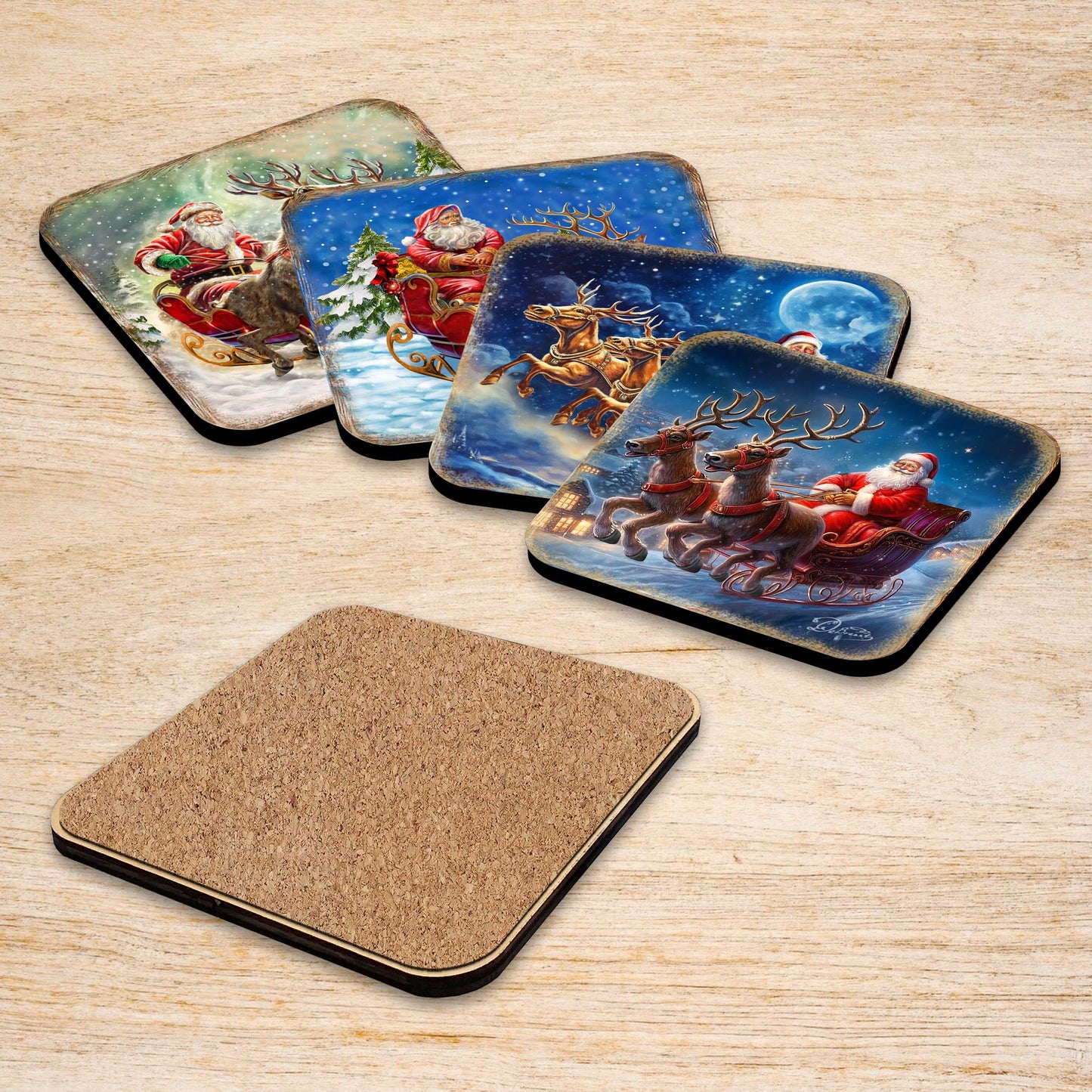 Santa's Sleigh Wooden Cork Coasters Gift Set of 4 by G. Debrekht - Santa Christmas Decor  - 8199445C-S4