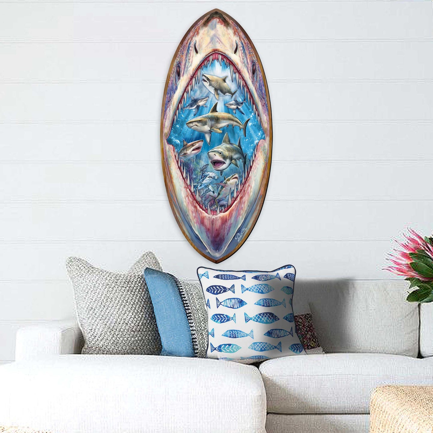 Shark Pull Coastal Surfboard Wall Art  Handcrafted Ocean Decor by G. DeBrekht - Coastal Holiday Decor - 8490138HS