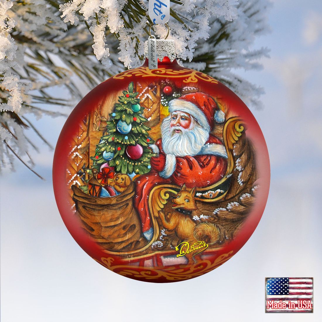 Santa on the Road Glass Ornament Limited Edition by G. DeBrekht - Christmas Santa Snowman Decor - 73915