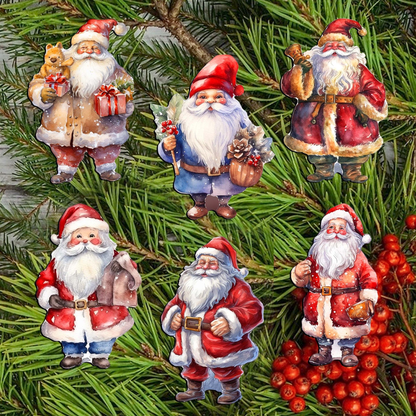 Santa Decorative Wooden Clip-on Ornaments of 6 by G. Debrekht - Christmas Decor - 8090009C-S6