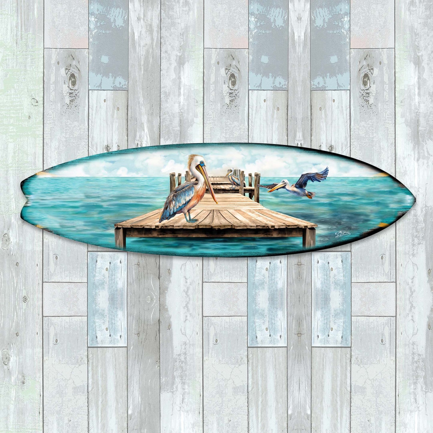 Pelican on the Pier Surfboard Coastal Wall Art by G. DeBrekht - Coastal Holiday Decor - 8490127HS