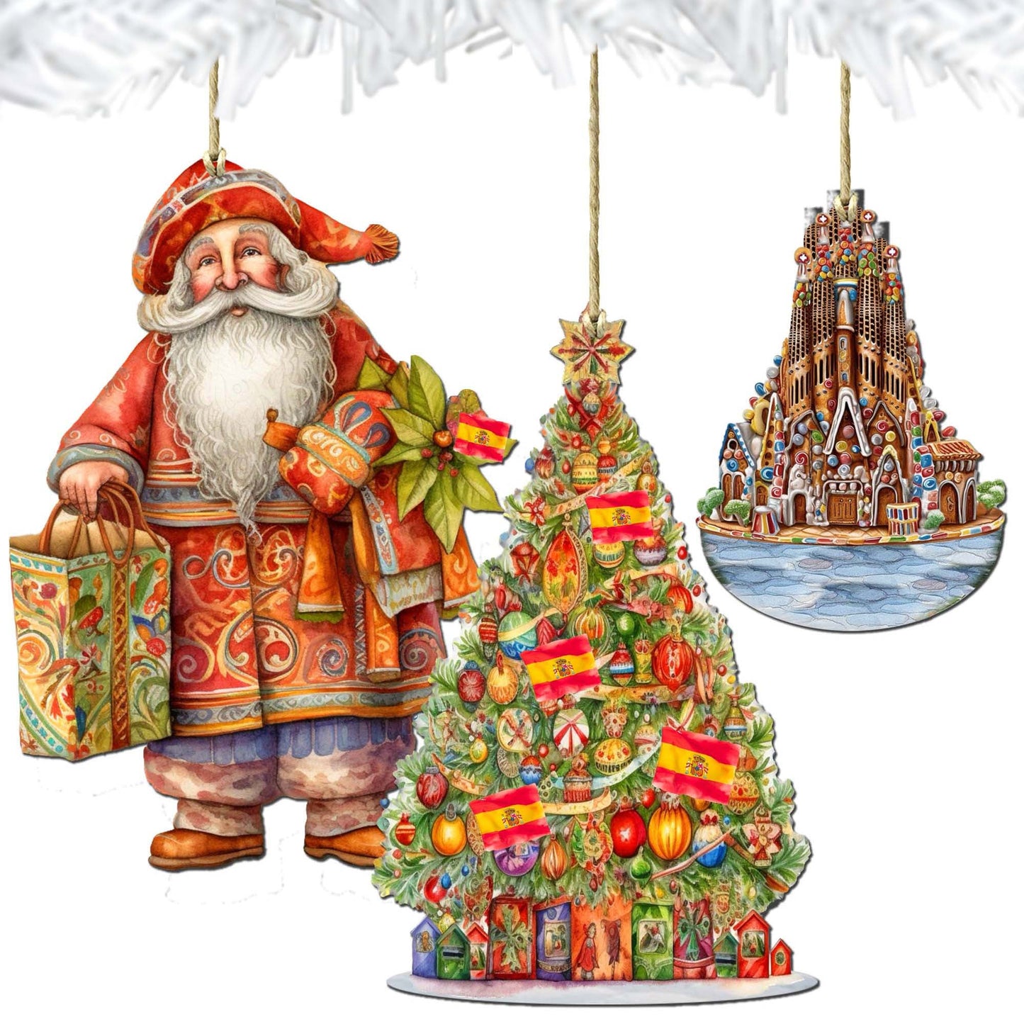 Santas Around the World - Spanish Inspired Santa - Wooden Ornaments Set of 3 by G. DeBrekht Christmas Santa Snowman Decor - 8091305S3