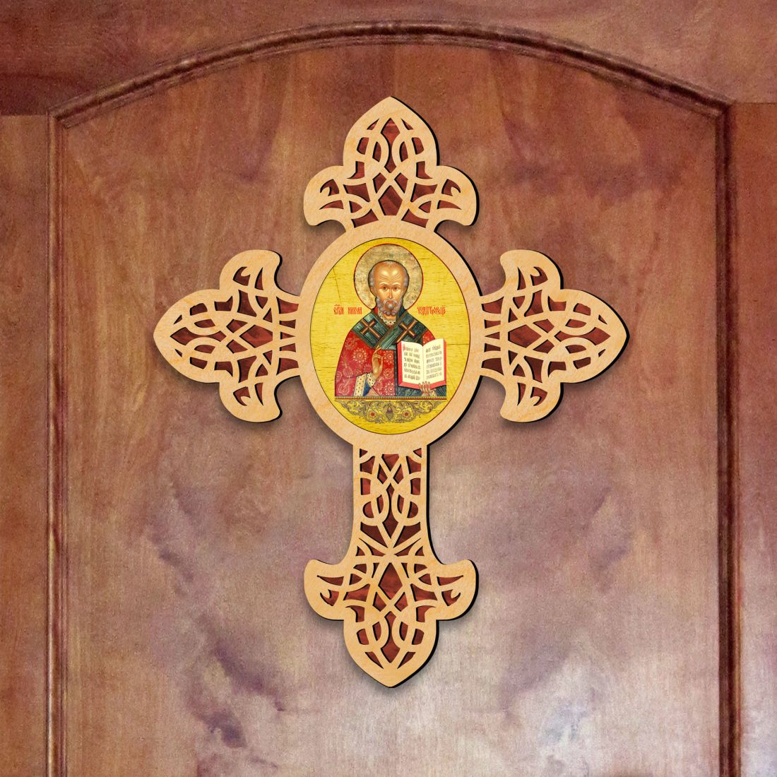 Saint Nicholas Pointy Wooden Cross by Museum Icons - Inspirational Icon Decor - 88321