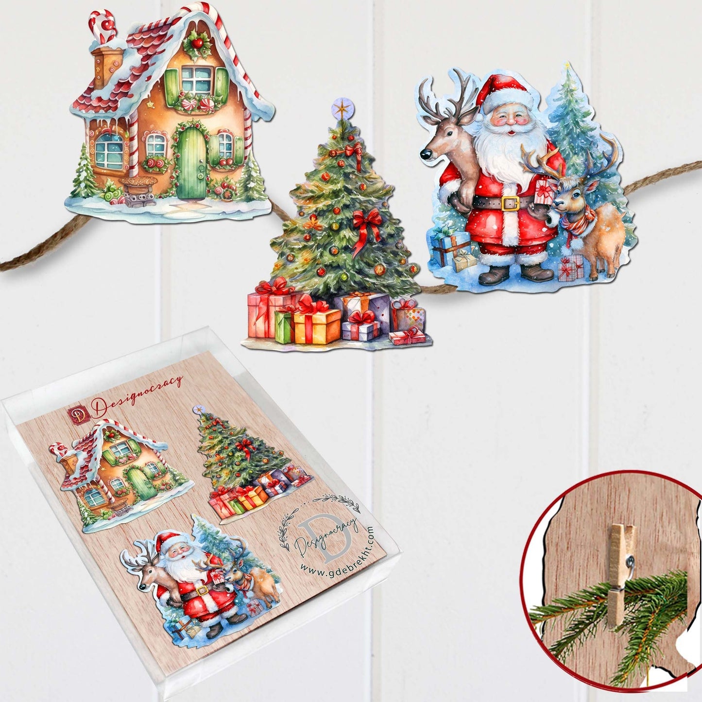 Christmas Is Here Decorative Wooden Clip-on Ornaments Set of 3 by G. Debrekht - Christmas Decor - 8091028C-S3