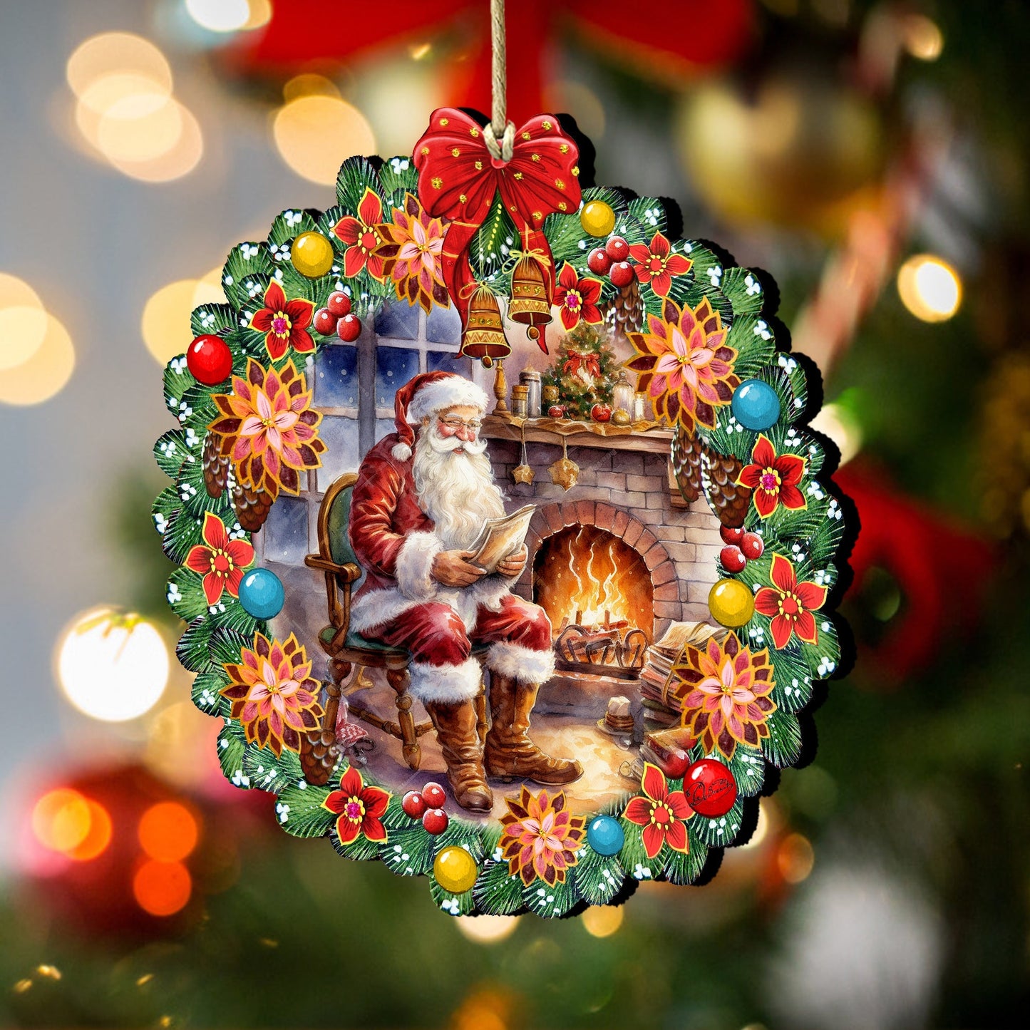 Santa at the Fireplace Wreath Wooden Ornaments by G. Debrekht Christmas Santa Snowman Decor - 8611089-2