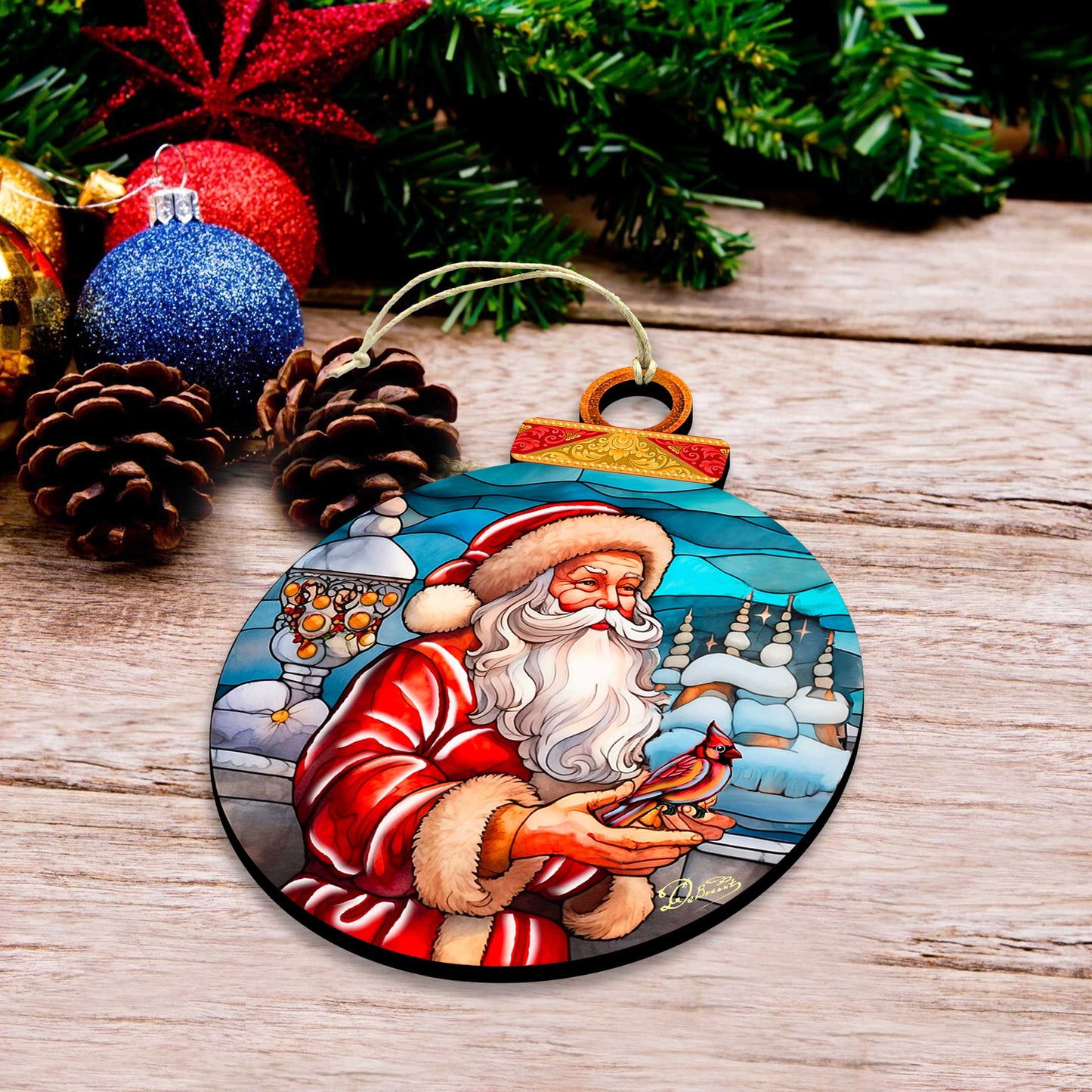 Santa with Red Cardinal Holiday Wooden Ornaments by G. Debrekht - Santa Snowman Decor - 8652807