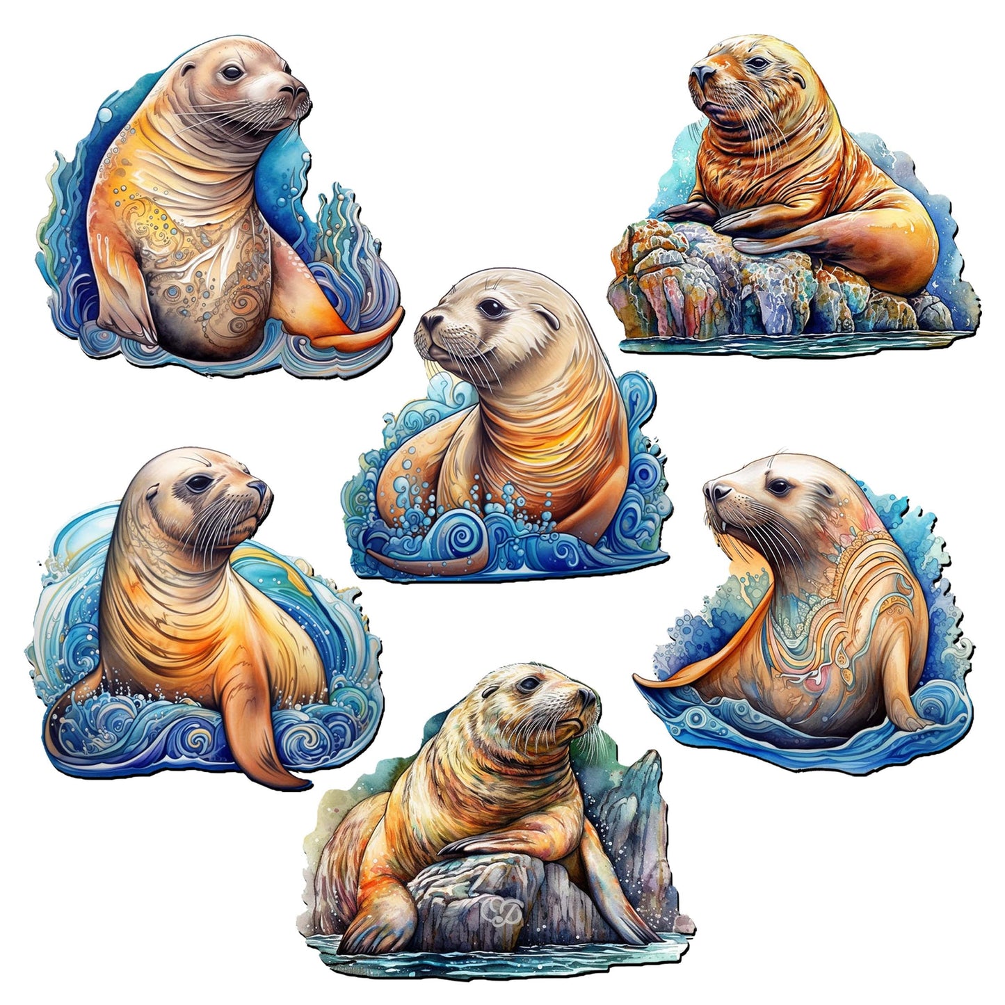 Sea Lions Decorative Wooden Magnets Set of 6 by G. Debrekht - Wildlife Coastal Decor - 8090127G-S6