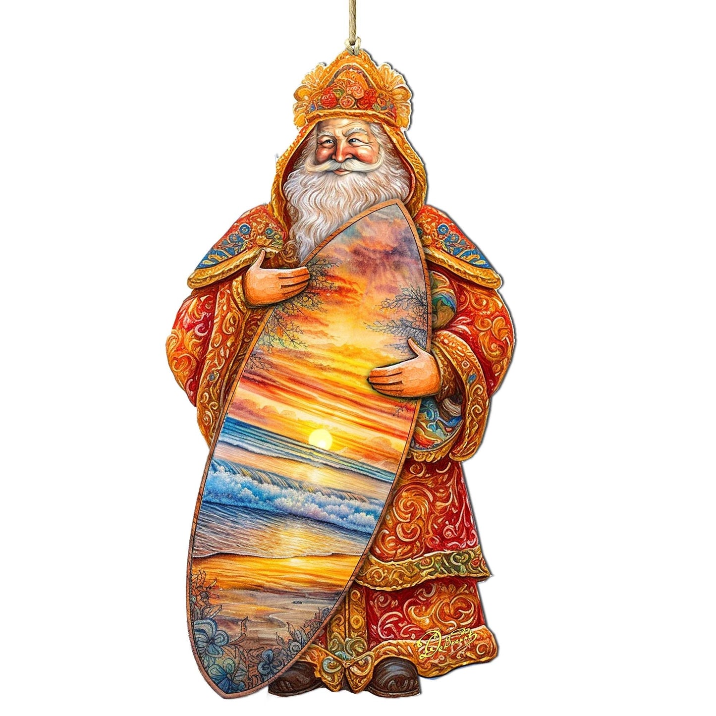 Santa's Tropical Surf Ride Wooden Ornaments by G. Debrekht - Christmas Santa Snowman Decor - 8691413