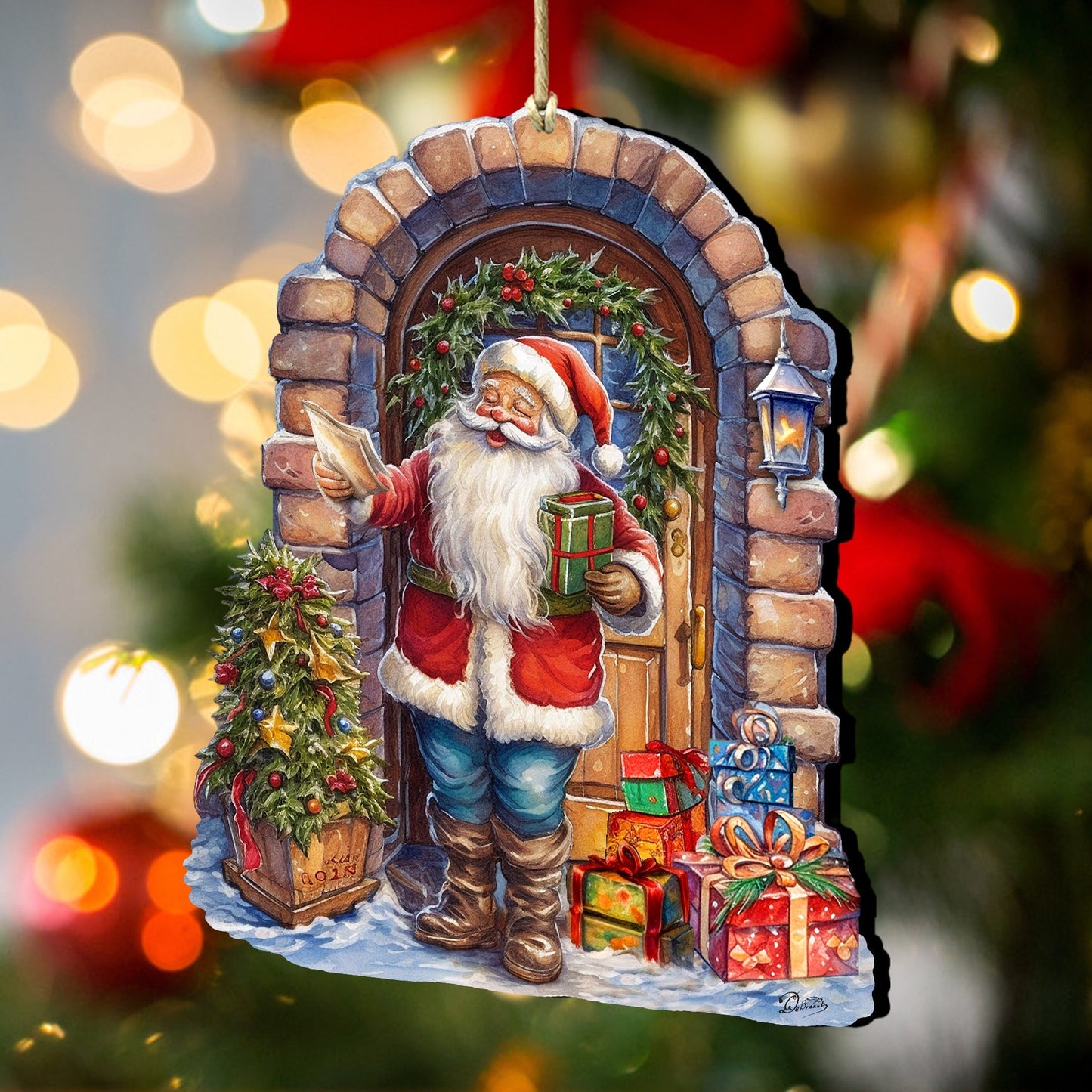 Santa's Surprise Visit Holiday Wooden Ornaments by G. Debrekht Christmas Santa Snowman Decor - 8611045