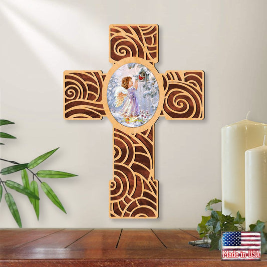 Red Robin Girl Angel Modern Wooden Cross by D. Gelsinger - Inspirational Icon Decor - 88285-DG