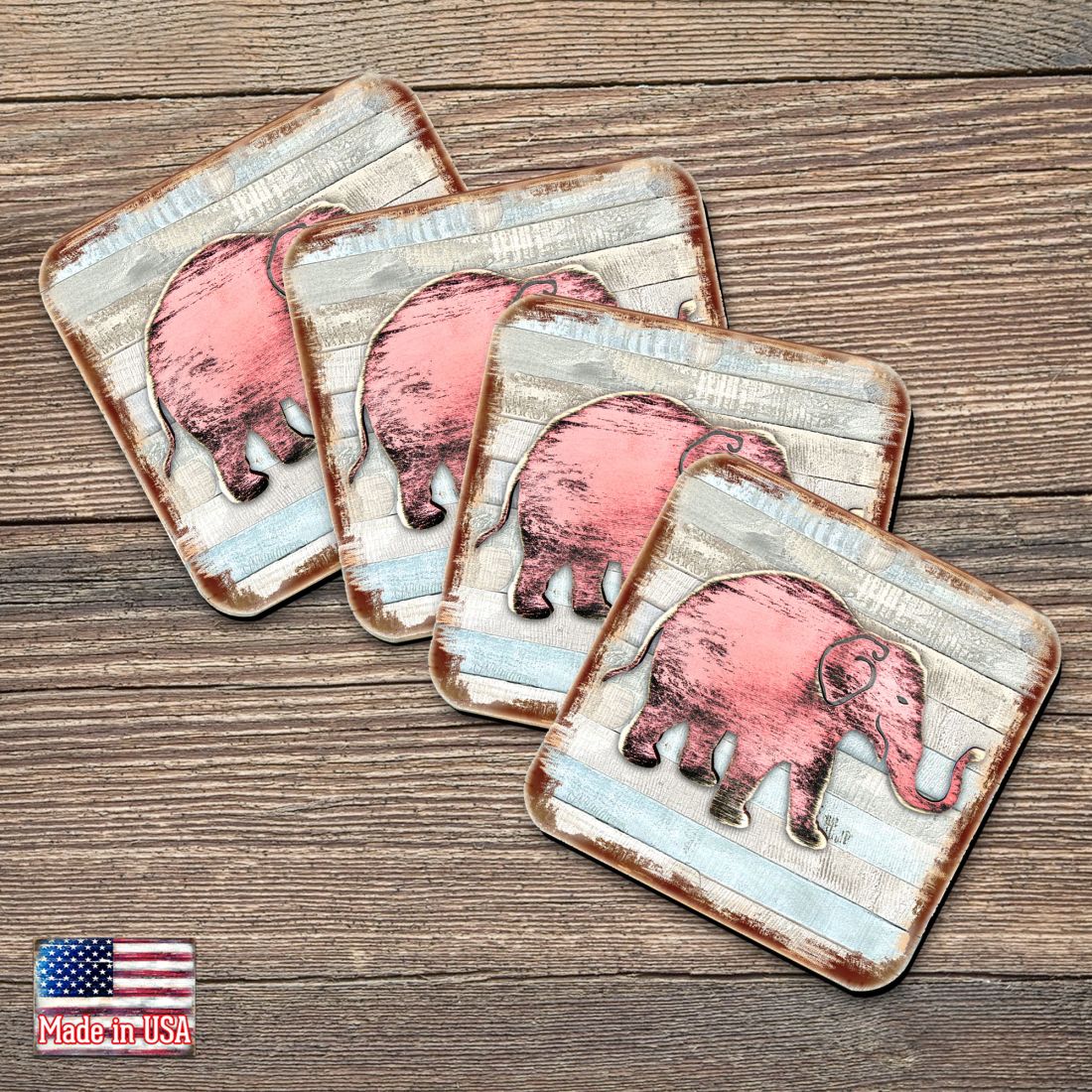 Elephant Wooden Cork Coasters Gift Set of 4 by Nature Wonders - Nature Wildlife Decor  - 8198229-9C-S4