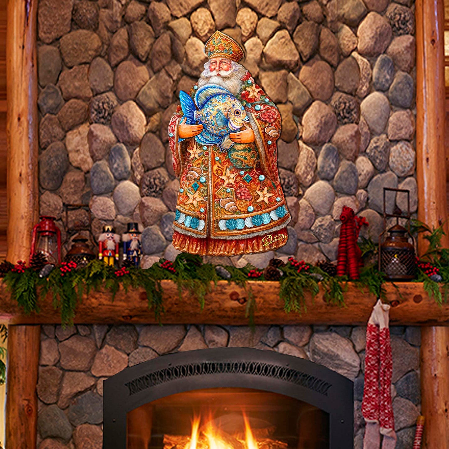 Santa with Fish Holiday Door Decor by G. Debrekht - Christmas Santa Snowman Decor - 8691411H