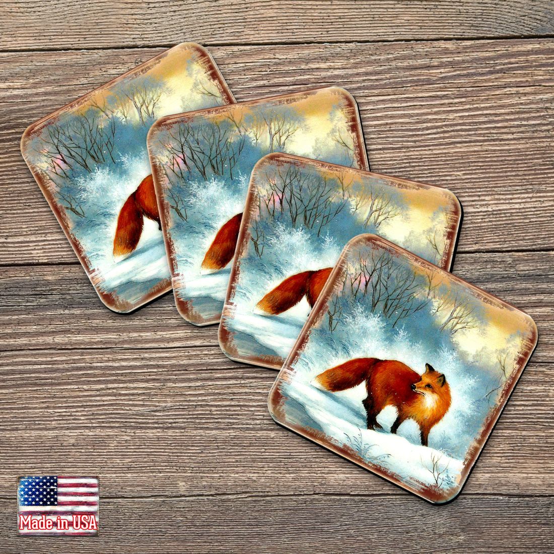 Fox Wooden Cork Coasters Gift Set of 4 by Nature Wonders - Nature Wildlife Decor  - 95376C-S4