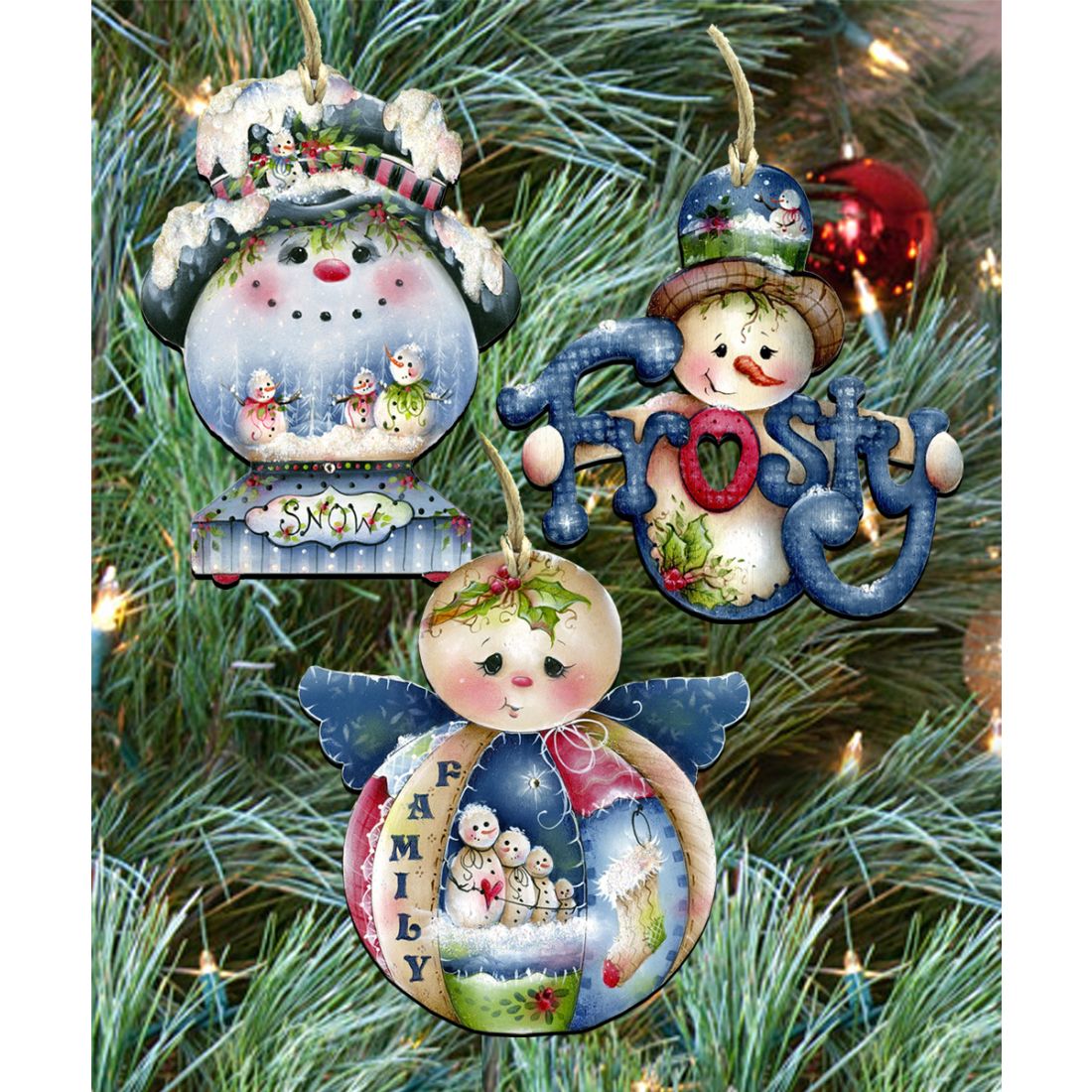 Home for The Holidays Wooden Ornaments Set of 3 by Jamie Mills-Price - Christmas Santa Snowman Decor - 8100037S3-MP