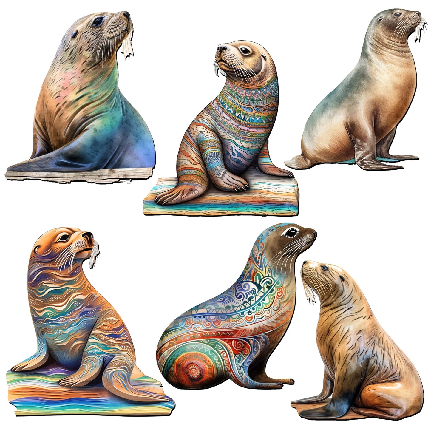 Coastal Sea Lions Decorative Wooden Magnets Set of 6 by G. Debrekht - Wildlife Decor - 8090112G-S6