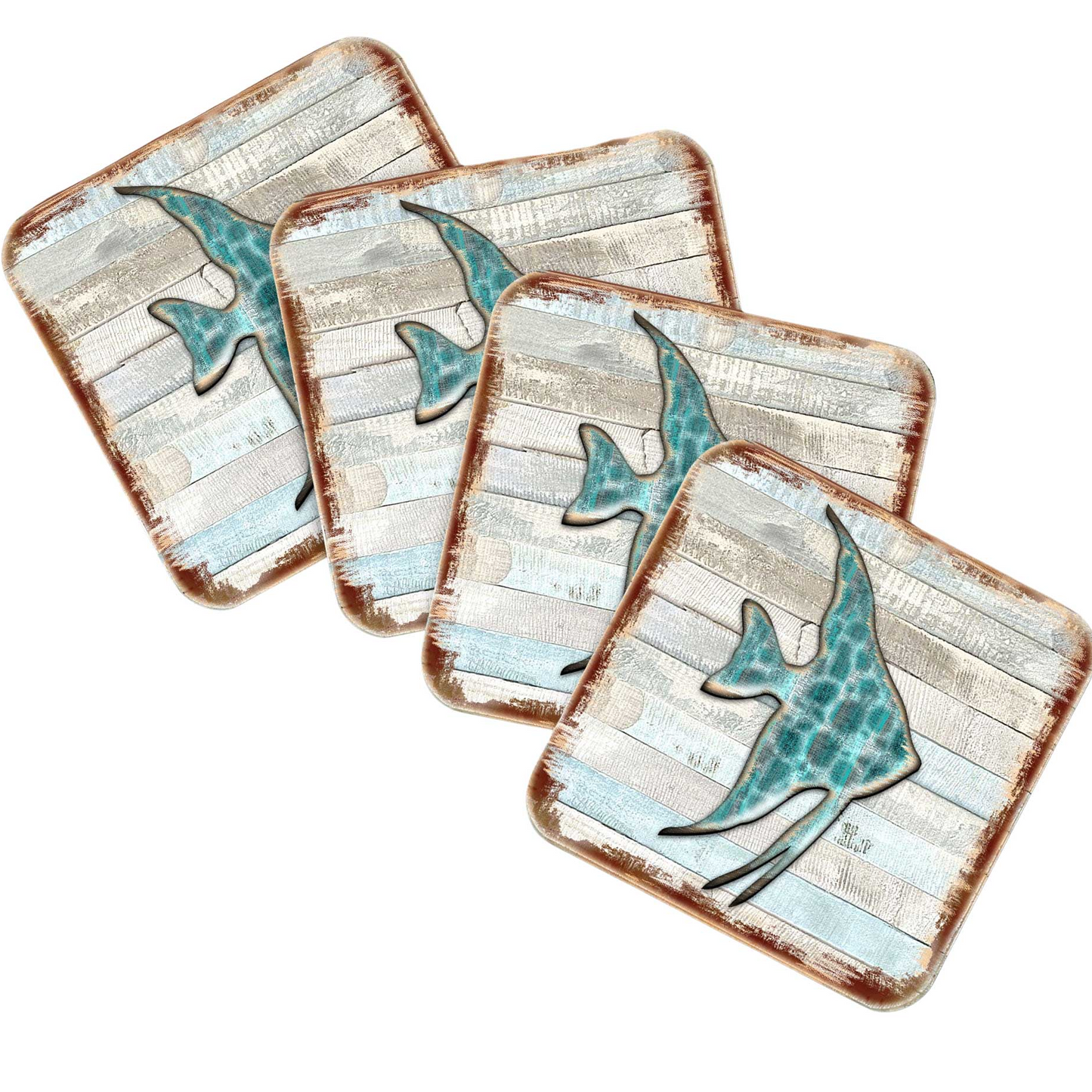 Fish Coastal Wooden Cork Coasters Gift Set of 4 by Nature Wonders - Coastal Sea-Life Decor - 8198537-9C-S4