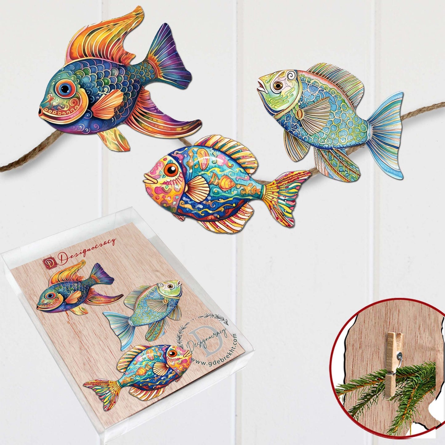 Coastal Fish Decorative Wooden Clip-on Ornaments Set of 3 by G. Debrekht - Coastal Decor - 8091034C-S3