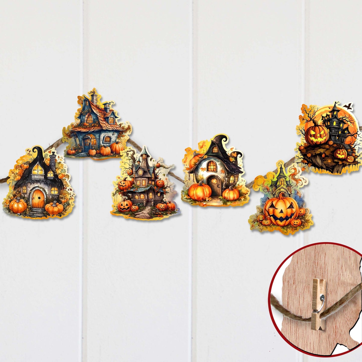 Spooky Houses Decorative Wooden Clip-on Ornaments of 6 by G. Debrekht - Halloween Decor - 8090007C-S6