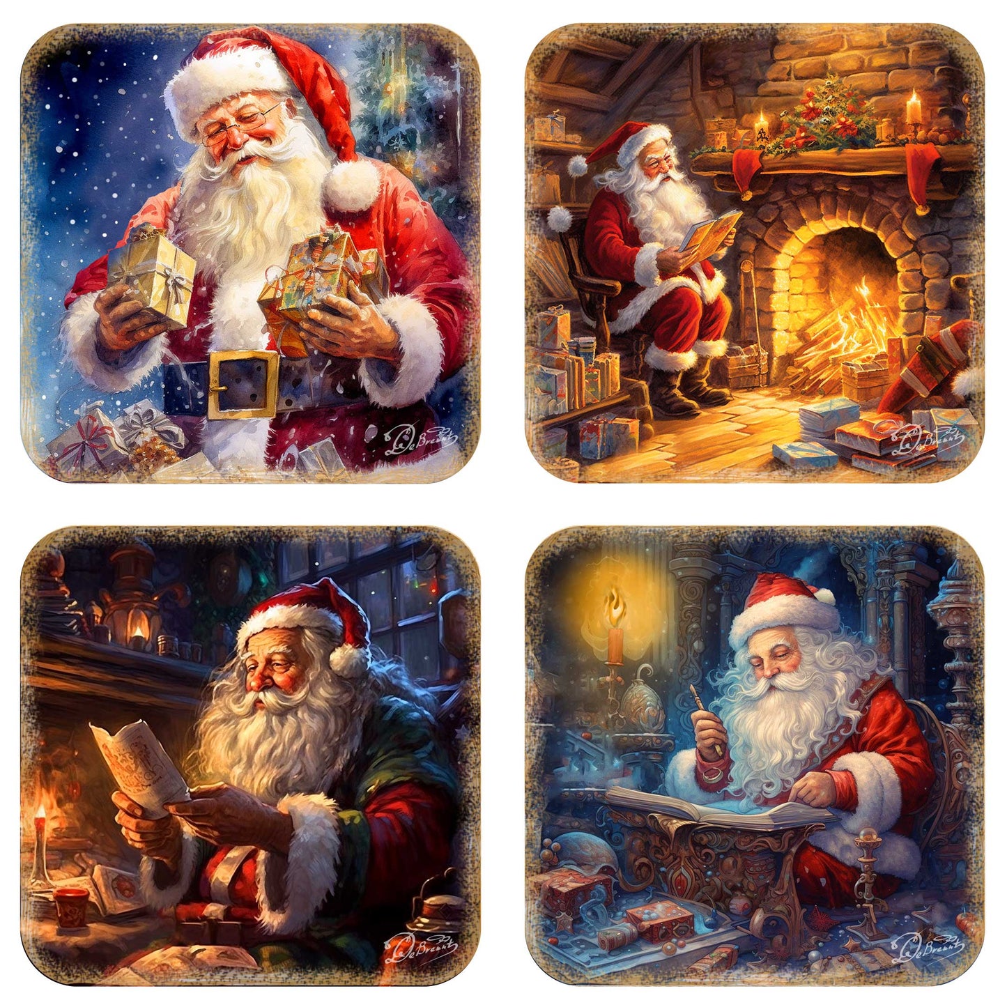 Santa Claus Wooden Cork Coasters Gift Set of 4 by G. Debrekht - Santa Christmas Decor  - 8199442C-S4