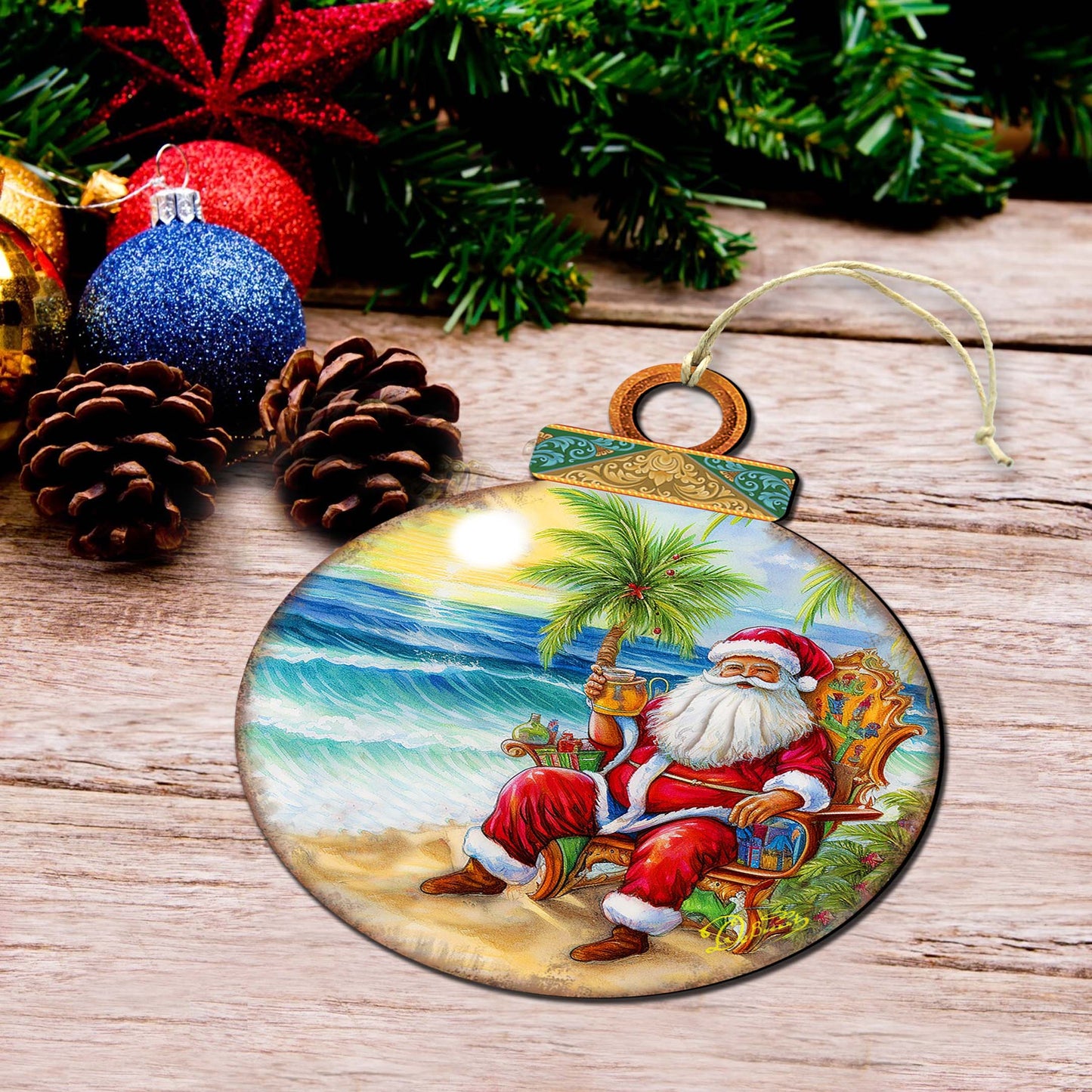 Coastal Christmas Decor - Sunset with Santa Wooden Ornaments by G. Debrekht Coastal Holiday Decor - 8688183