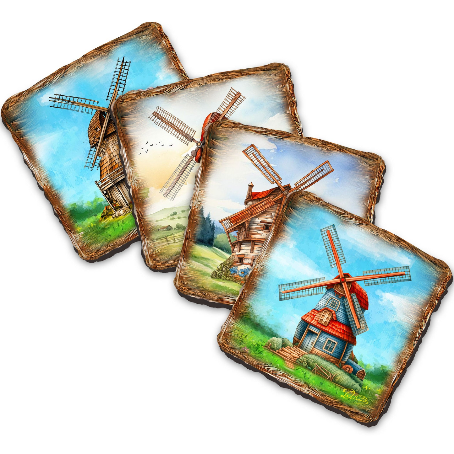 Windmills Wooden Cork Coasters Gift Set of 4 by Nature Wonders - Nature Wildlife Decor  - 95406C-S4