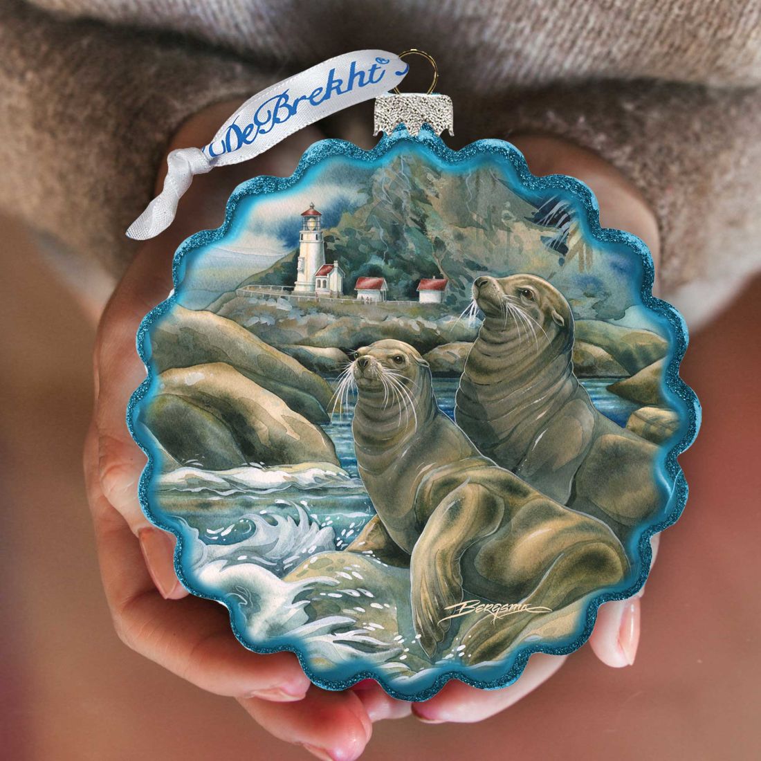 Lions of the Sea Lighthouse Caves Wreath Glass Ornament by J. Bergsma - Wildlife Holiday Decor - 759-883-JB