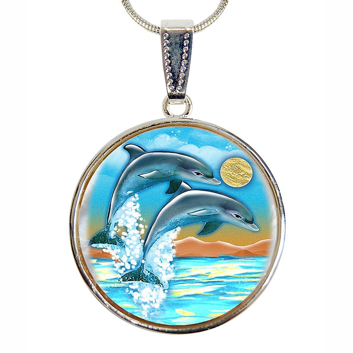 Flying Dolphins Silver Plated Jewelry Mother of Pearl Pendant Necklace - 44011