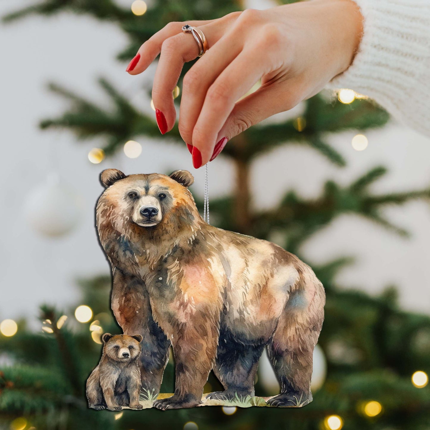 Grizzly Bear with Cub Wooden Ornaments by G.Debrekht - Wildlife Holiday Decor - 8710105-2