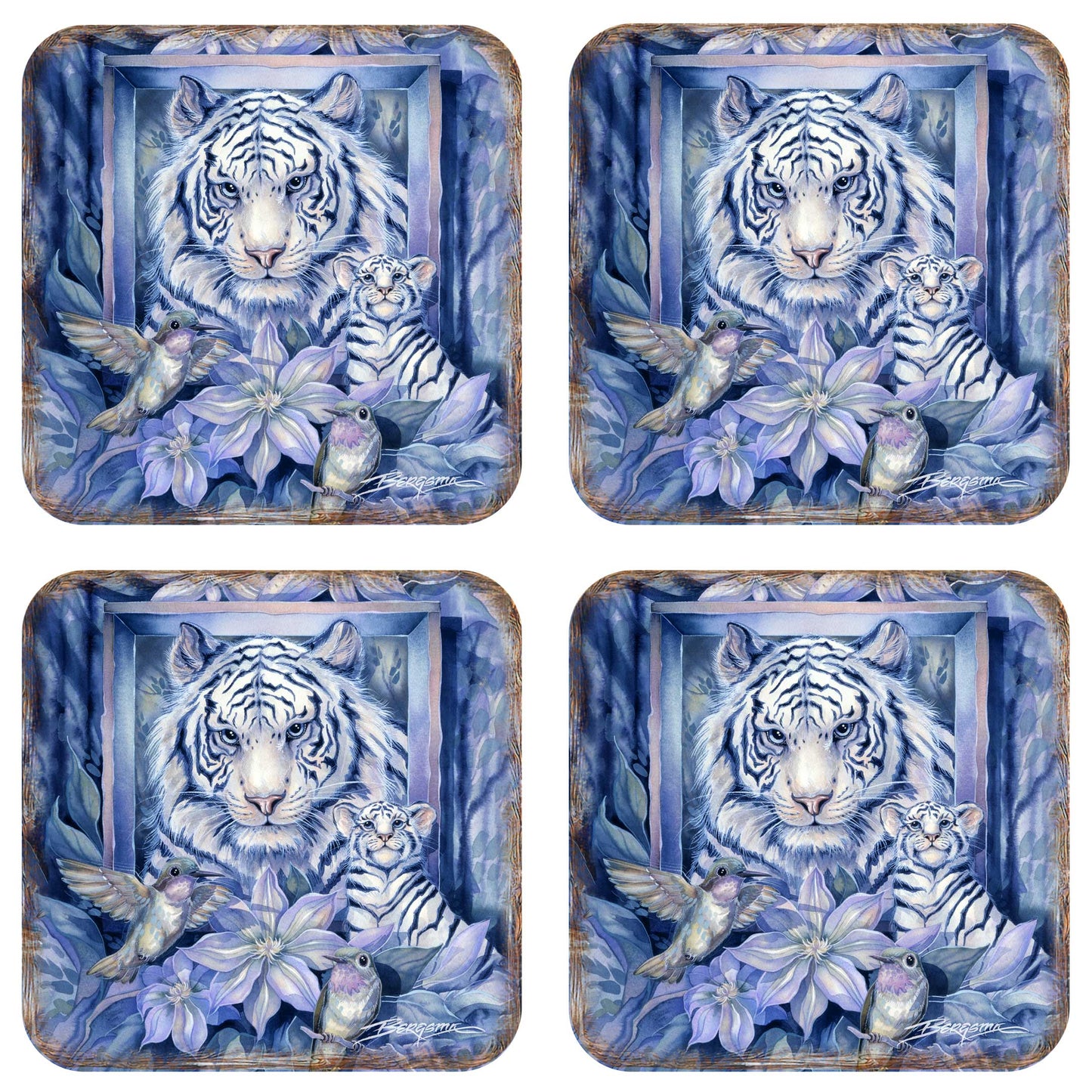Tiger in the Garden Wooden Cork Coasters Gift Set of 4 by J. Bergsma - Wildlife Decor  - 8199461C-S4