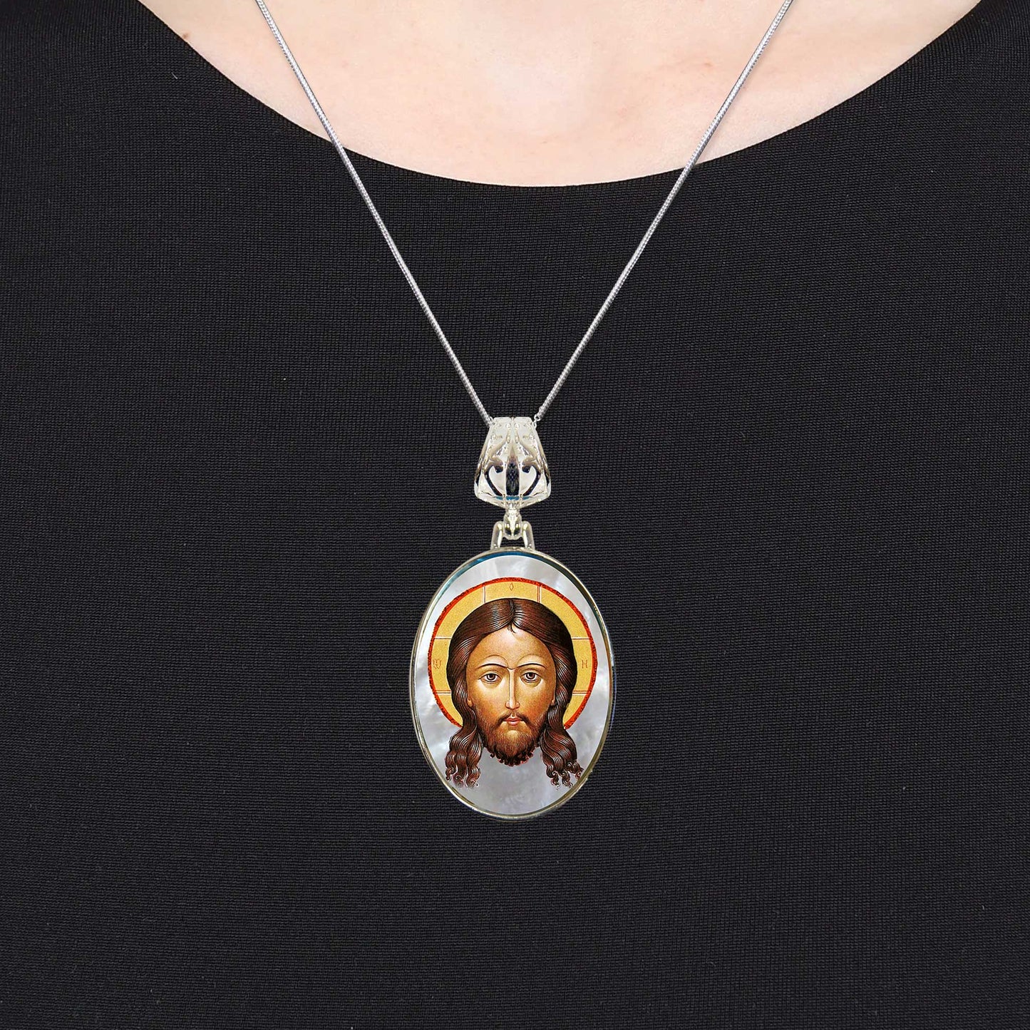 Icon of The Holy Face Silver Plated Mother of Pearl Necklace Jewelry - 43018