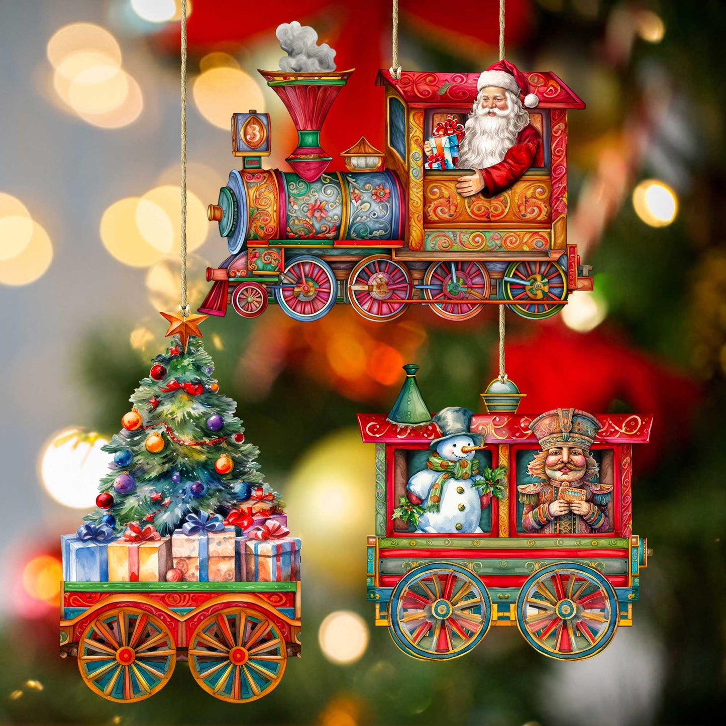 Santa's Train Wooden Ornaments Set of 3 by G. Debrekht - Christmas Décor - 8100202S3