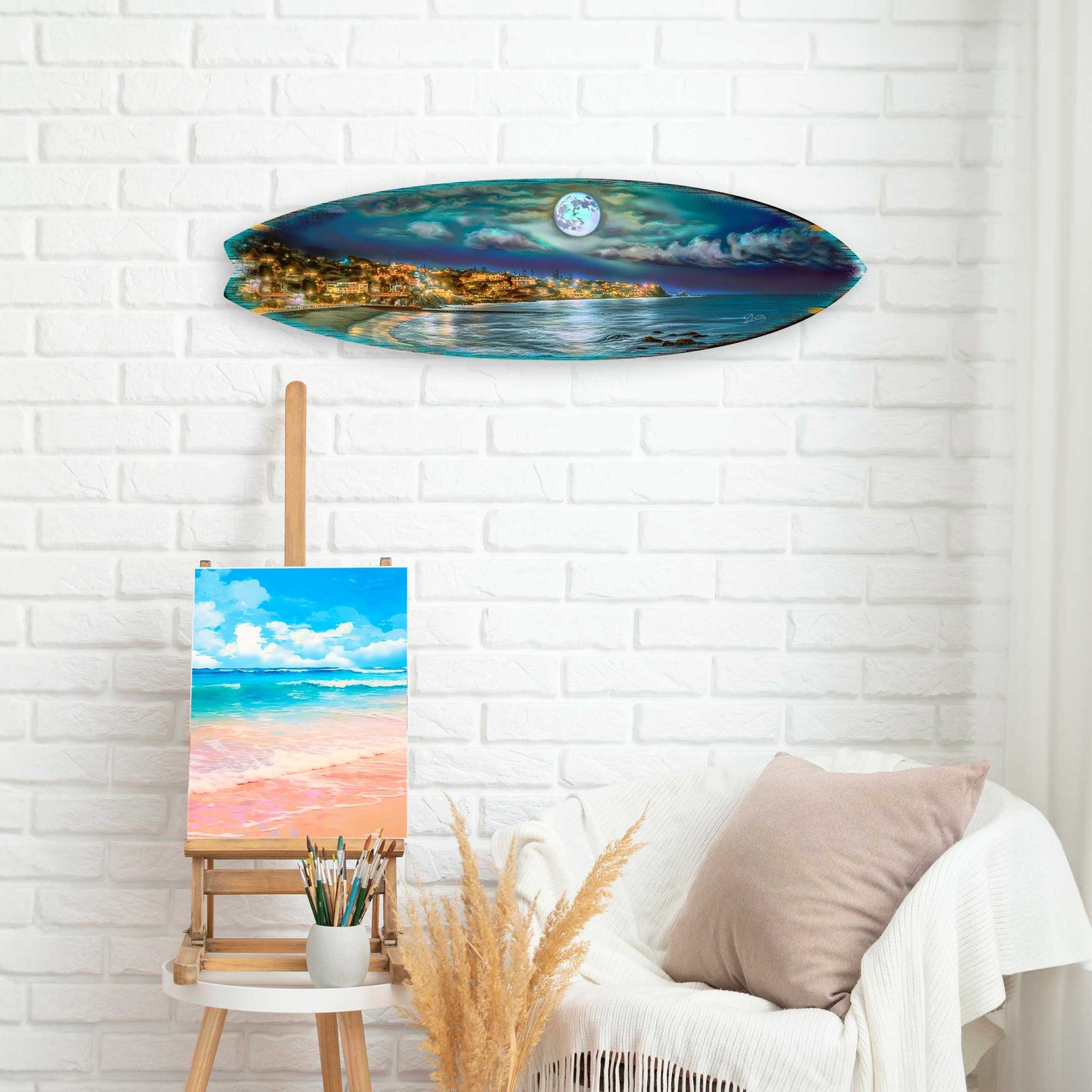 Surfboard Coastal Wall Art - Full Moon Night Wall Art by G. DeBrekht - Coastal Holiday Decor - 8490137HS