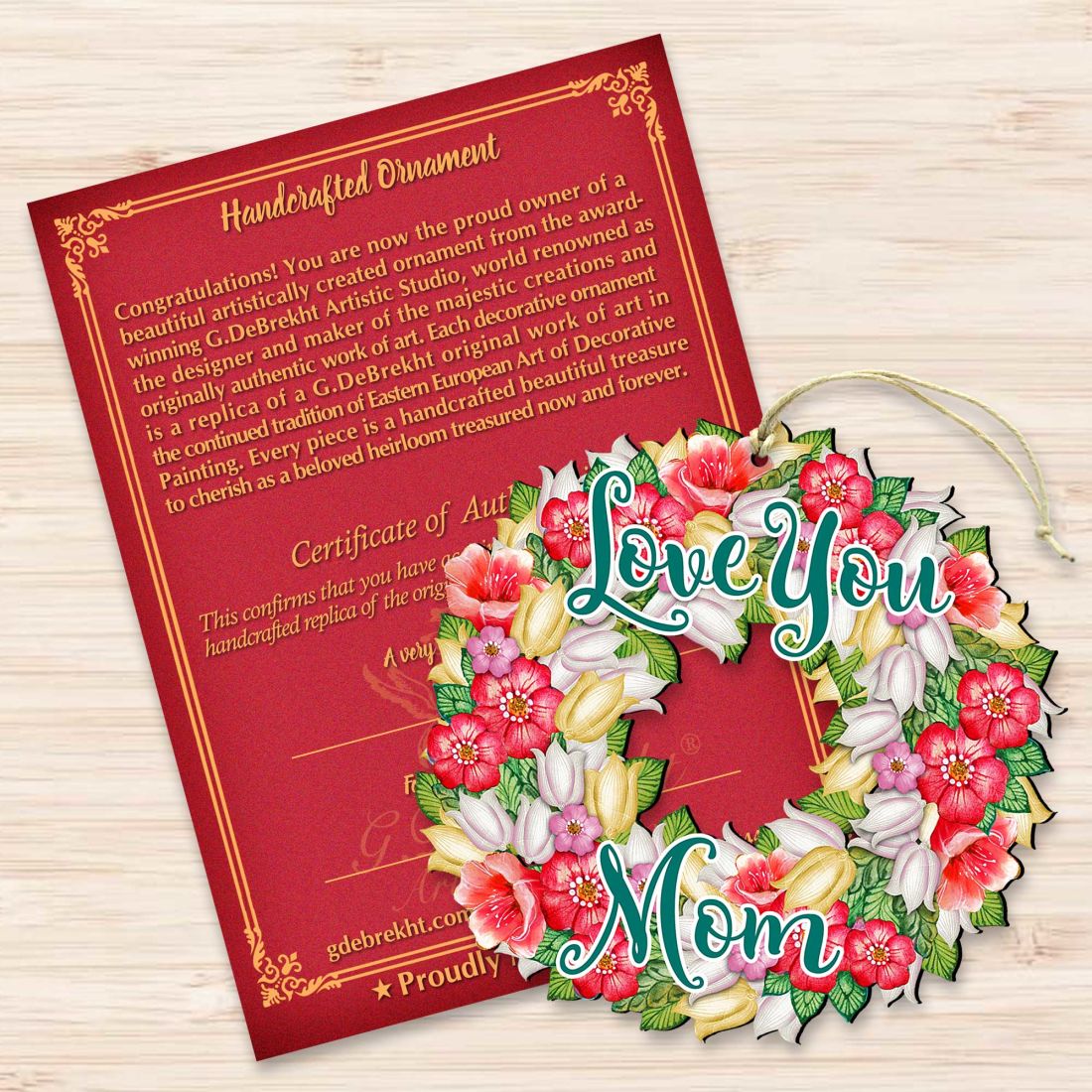 Love You Mom Flowers Wreath Wooden Ornaments by G. DeBrekht - Easter Spring Decor - 8185303