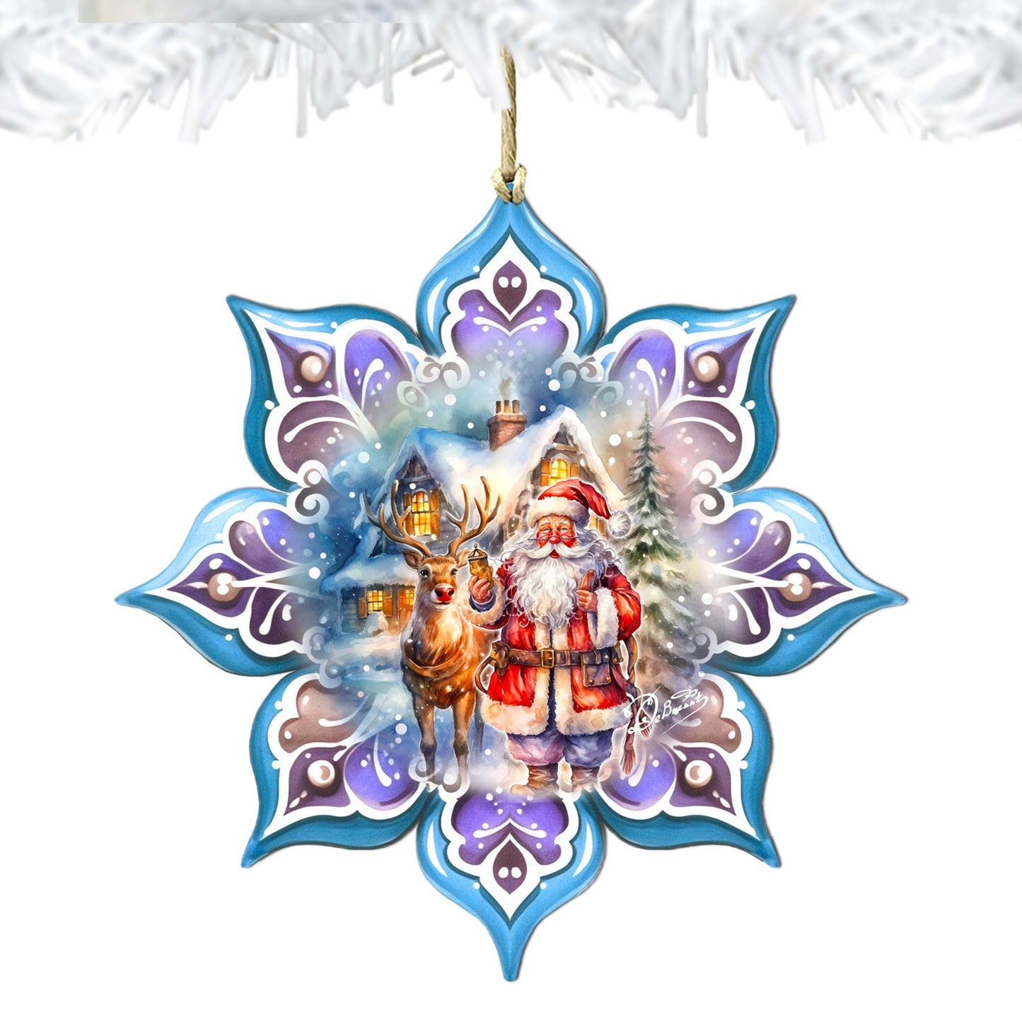 Santa with Reindeer Snowflake Wooden Ornaments by G. Debrekht - Christmas Santa Snowman Decor - 8688405