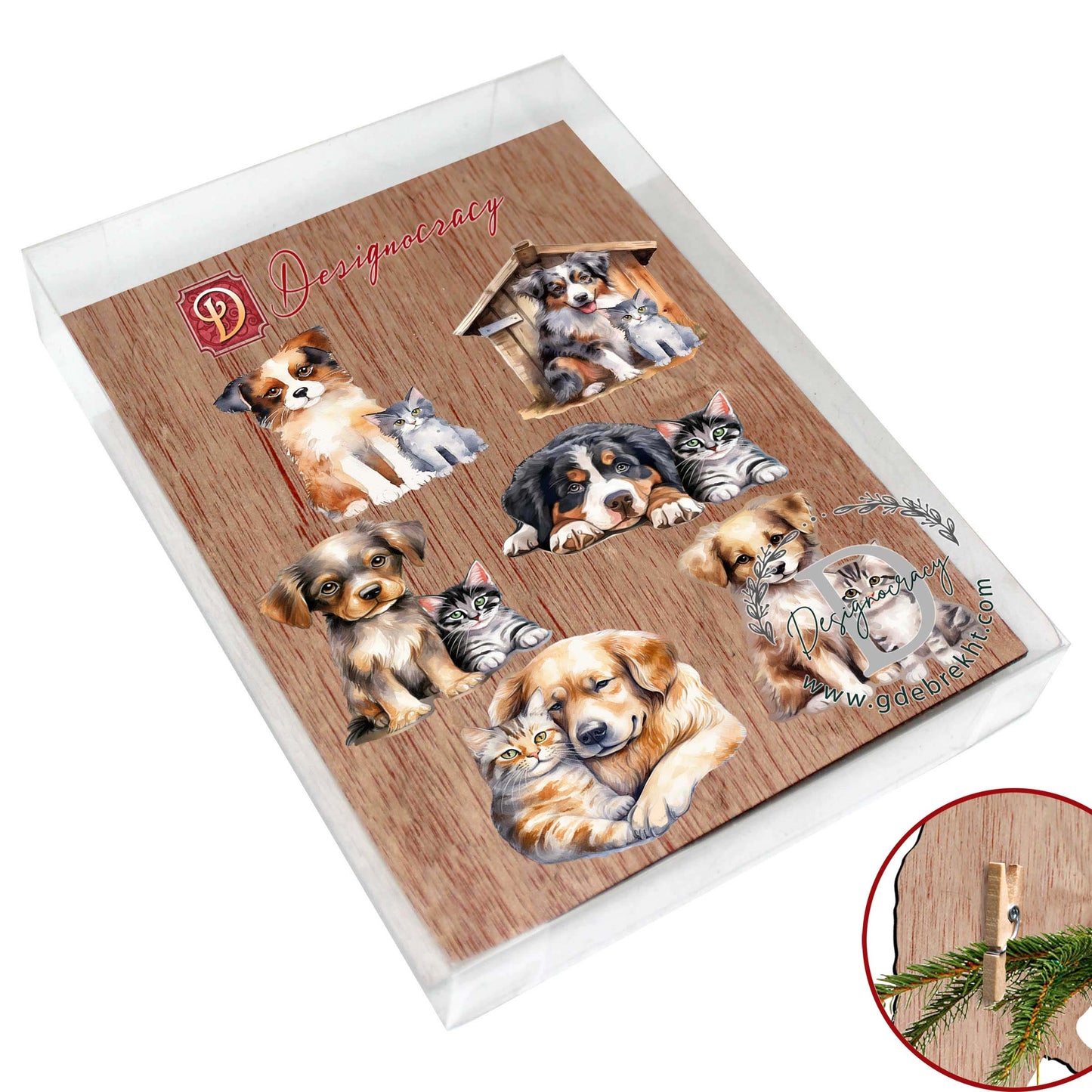Dogs Decorative Wooden Clip-on Ornaments of 6 by G. Debrekht - Christmas Decor - 8090017C-S6