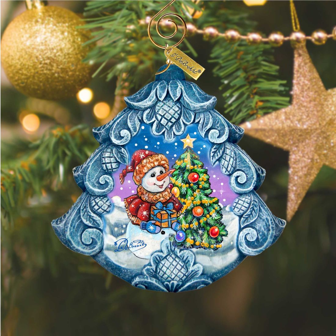 Happy Snowman Tree Sculpted Hand-Painted Christmas Ornament by G. DeBrekht - Christmas Santa Snowman Décor - 610274