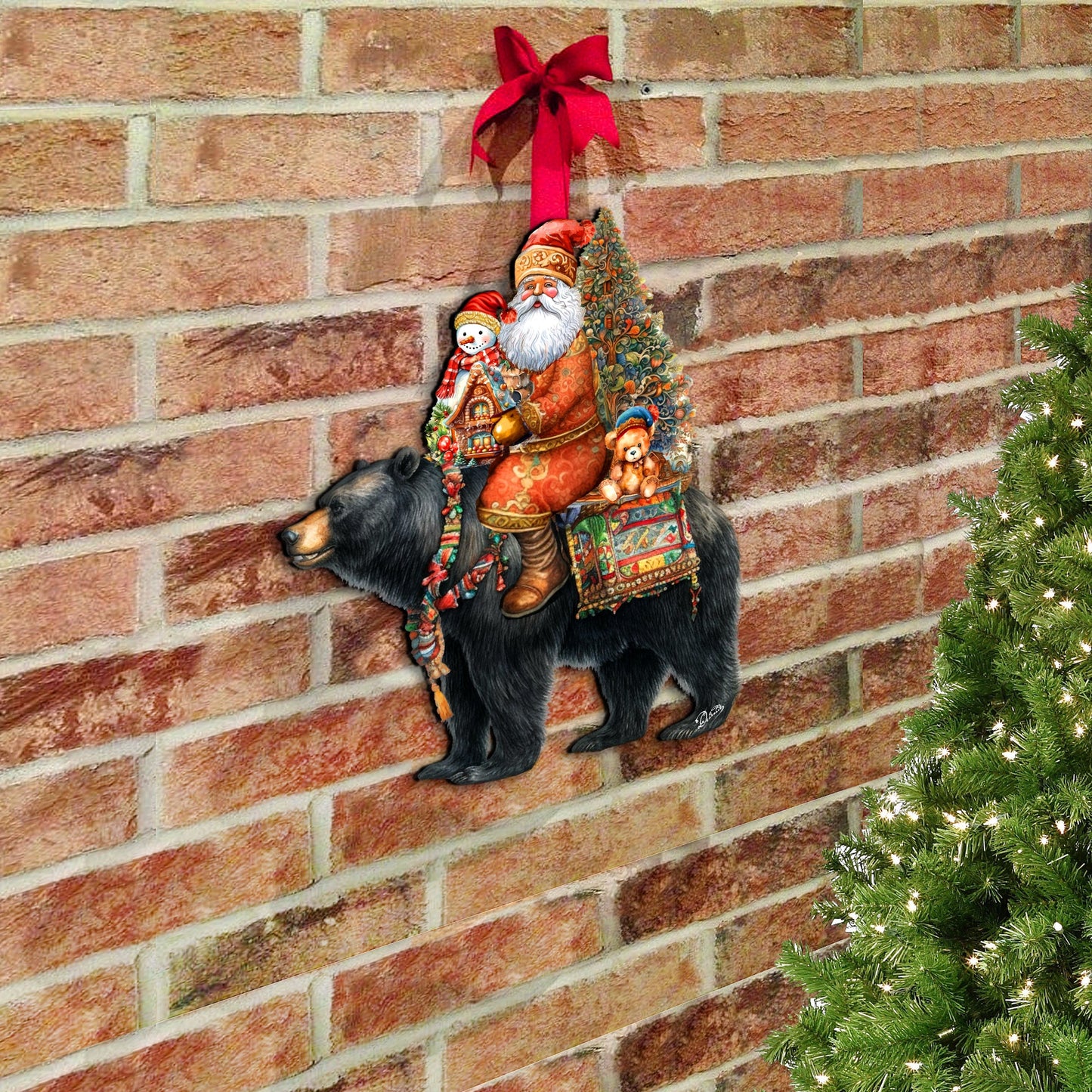 Santa Claus and Black Bear Friend Holiday Door Decor by G. Debrekht - Christmas Santa Snowman Decor - 8611064H