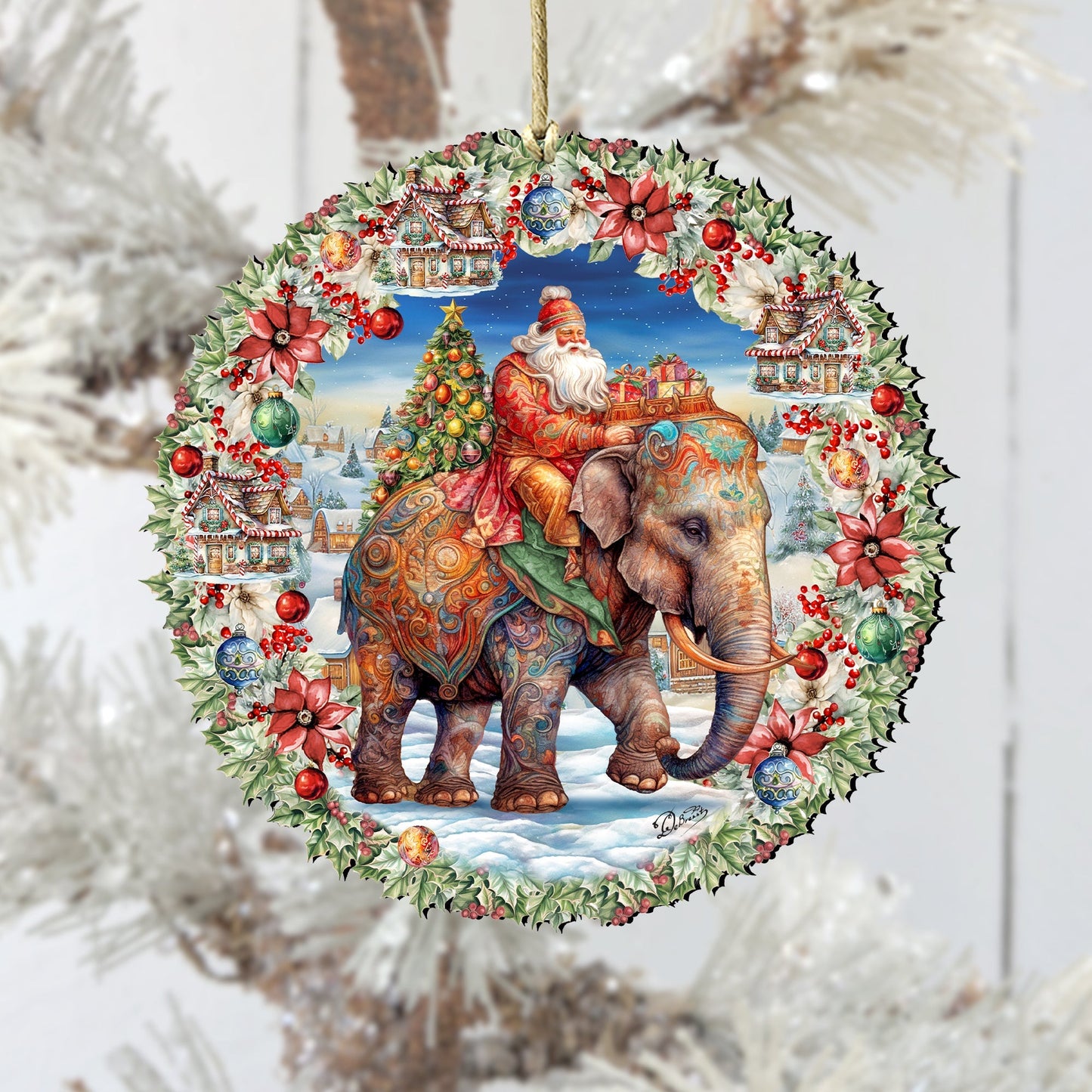 Santa on Elephant Wreath Wooden Ornaments by G. Debrekht Christmas Santa Snowman Decor - 8611043