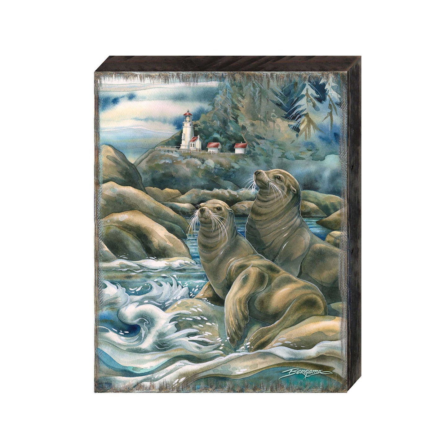 Lions of the Sea Lighthouse Caves Wooden Wall Art by J. Bergsma - Nature Wildlife Decor - 85922883B-JB