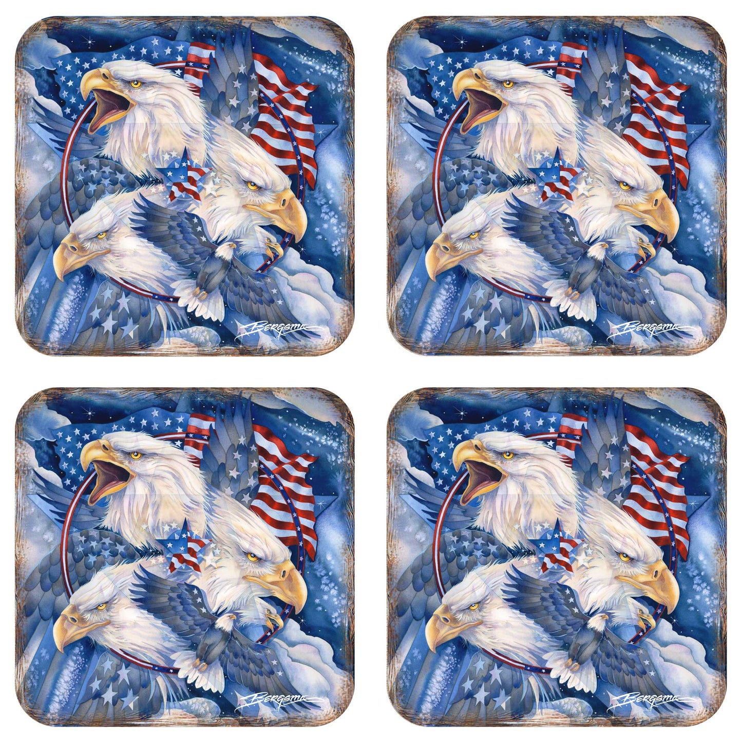 Allegiance American Patriotic Eagles Wooden Cork Coasters Gift Set of 4 by J. Bergsma - Wildlife Decor  - 8199470C-S4