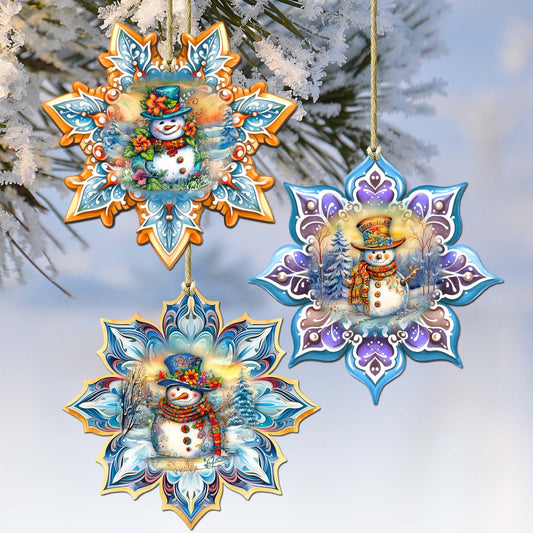 Happy Snowman Snowflake Wooden Ornaments Set of 3 by G. Debrekht - Christmas Decor - 8090149-S3