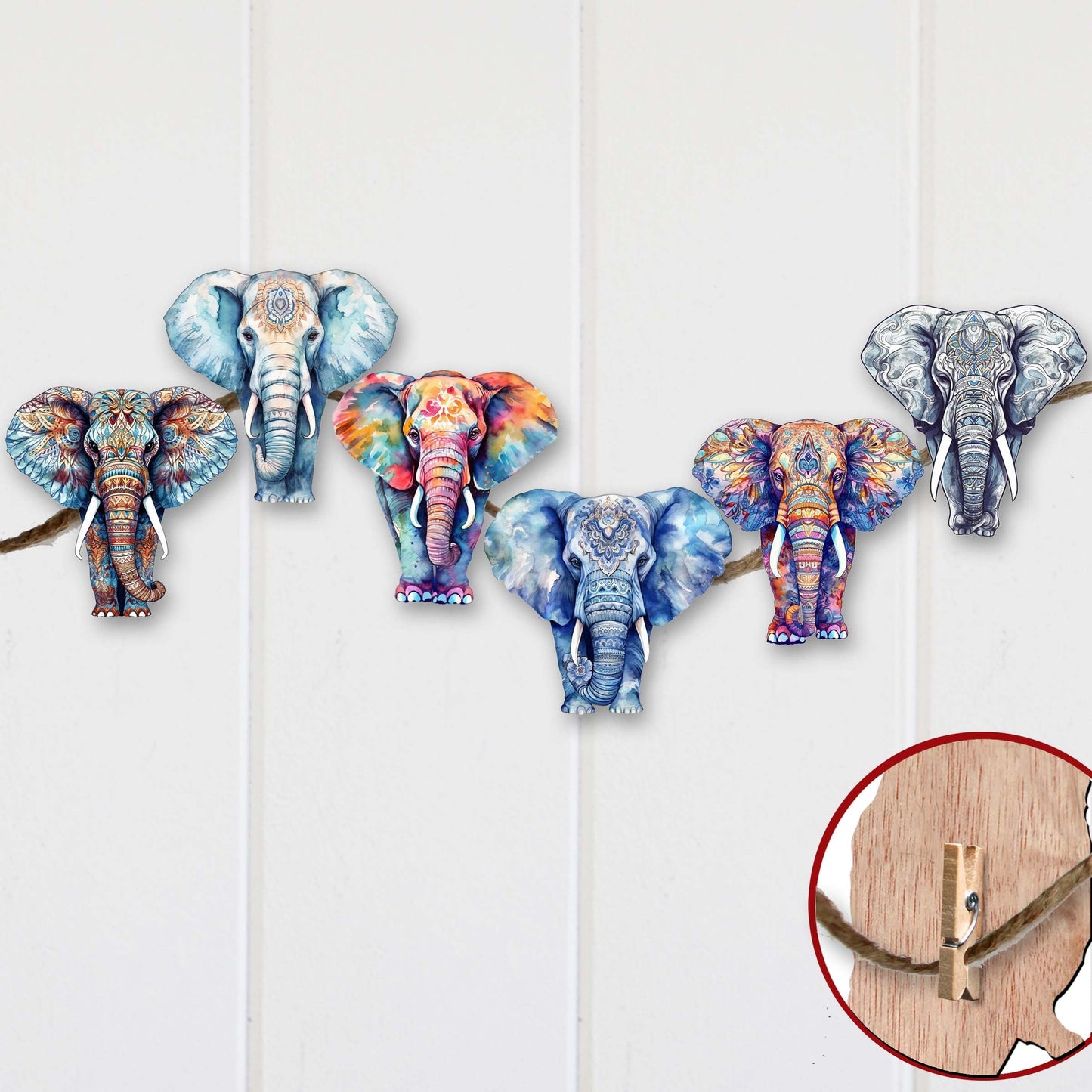 Elephants Decorative Wooden Clip-on Ornaments Set of 6 by G. Debrekht - Christmas Decor - 8090036C-S6