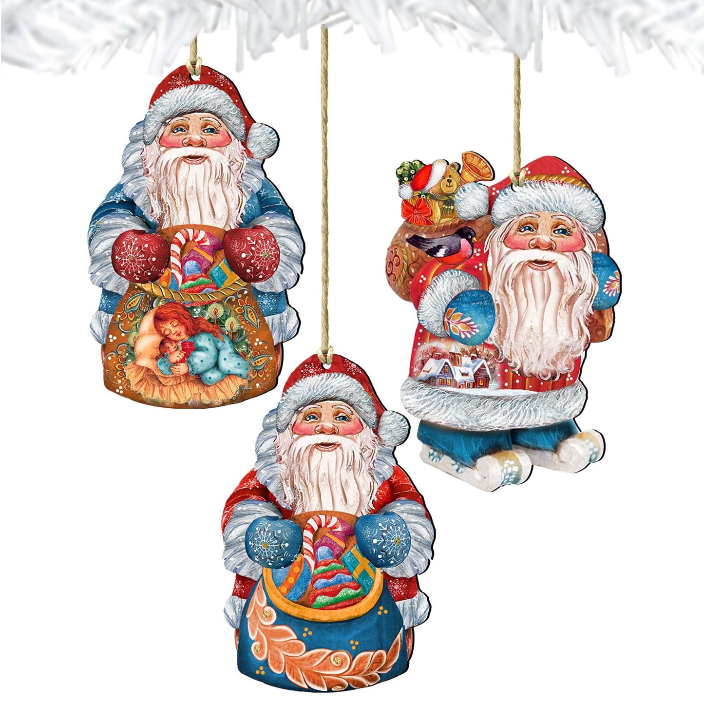 Holiday Gifts Santa Wooden Ornaments Set of 3 by G. DeBrekht - Christmas Santa Snowman Decor - 8100007S3