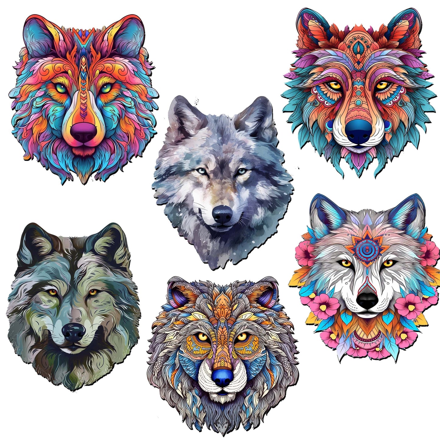 Enigmatic Wolves Decorative Wooden Magnets Set of 6 by G. Debrekht - Wildlife Decor - 8090113G-S6